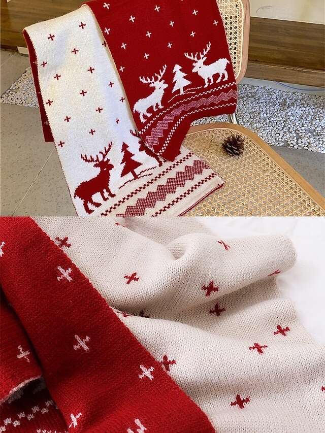 Women's Christmas Reindeer and Tree Print Knitted Scarf in Red and White, Cozy Winter Accessory for Holiday Celebrations