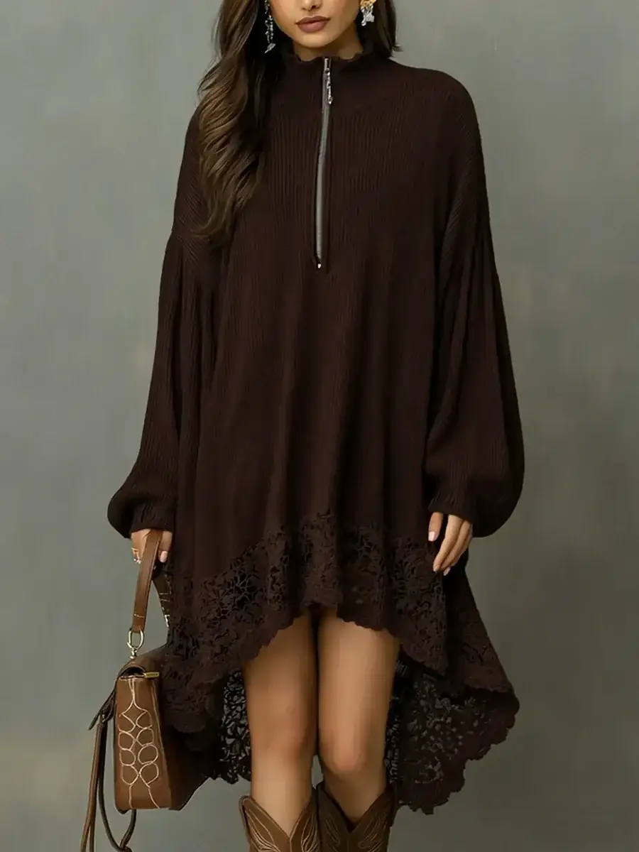🔥Summer Arrivals🌟Women's Solid Color Stand-collar Long-sleeved Casual Loose Knit Dress With Lace Trim.