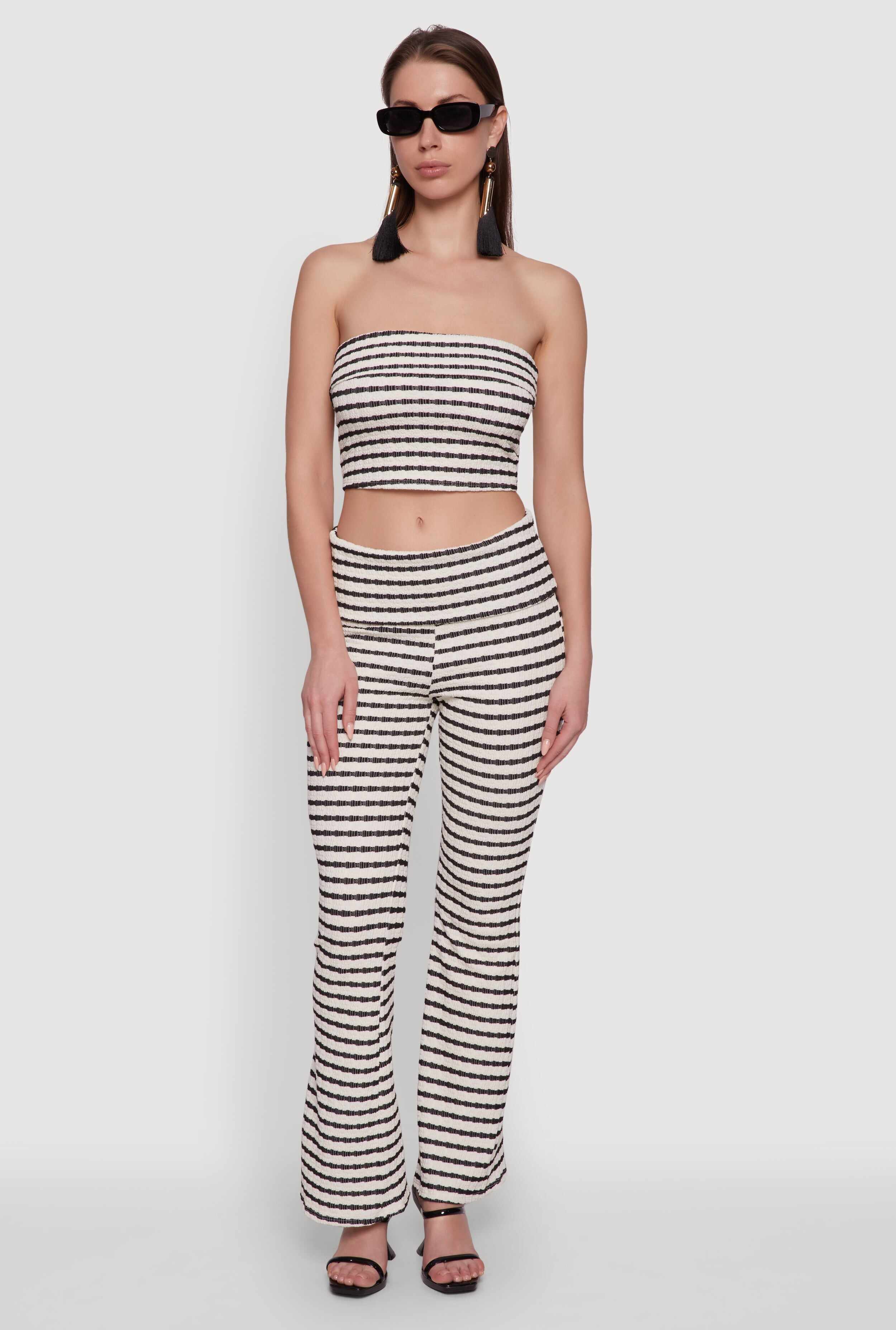 Trendy Striped Textured Knit Fold Over Tube Top