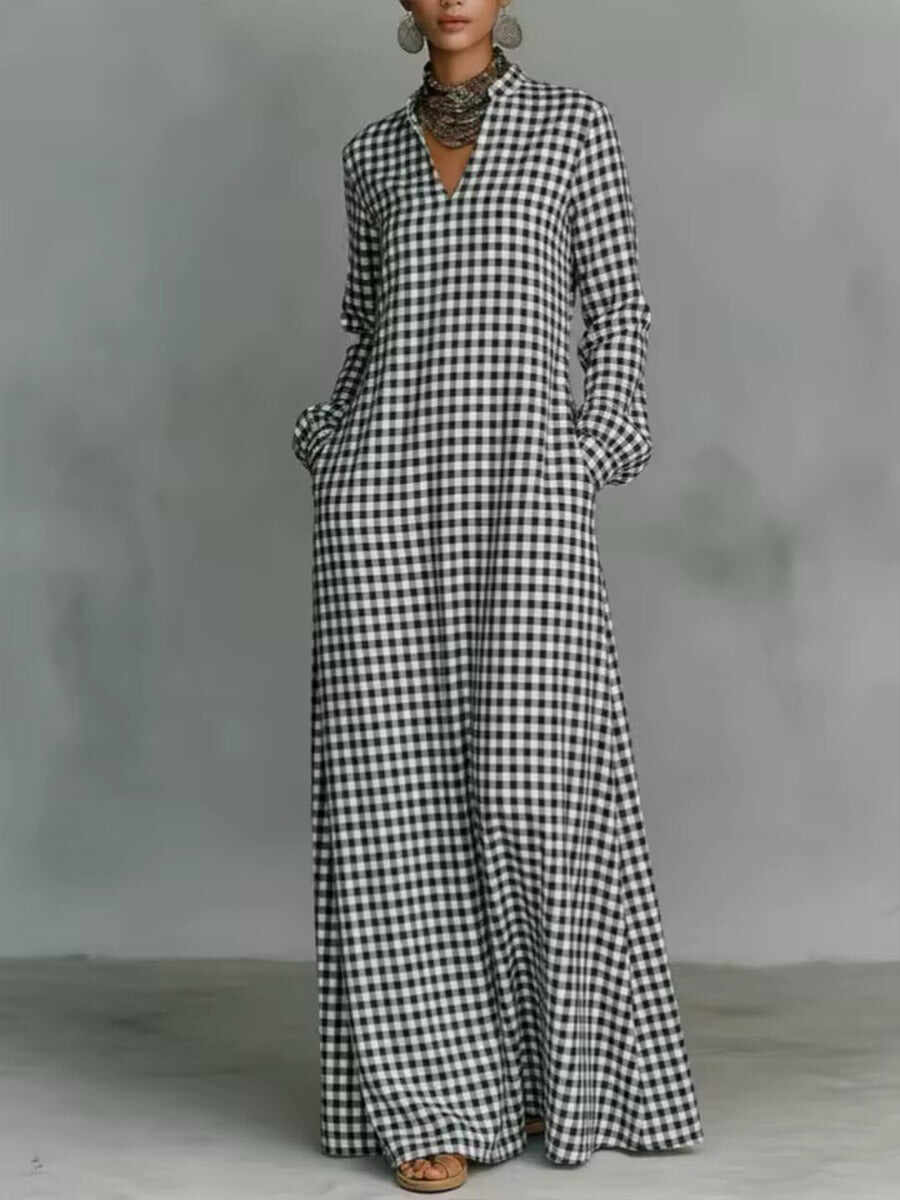 🔥Summer Arrivals🌟Women's Plaid Print V-neck Long-sleeved Casual Loose Cotton And Linen Dress