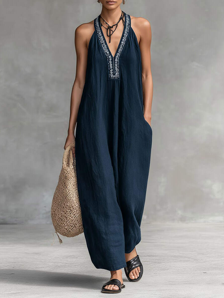 🔥Summer Arrivals🌟Women's Solid Color V-Neck Halter Neck Sleeveless Casual Loose Cotton Linen Wide-Leg Jumpsuit