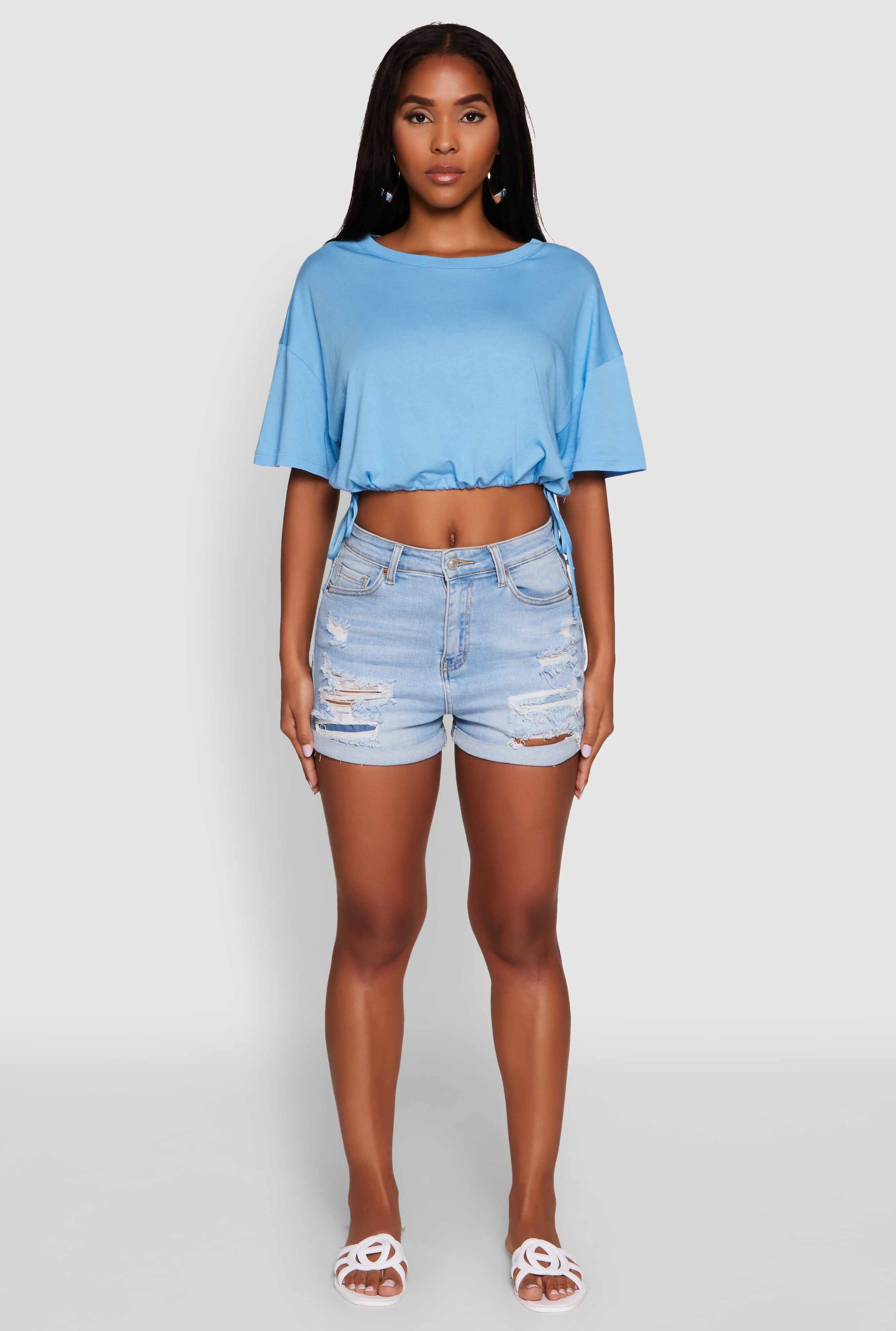 Cropped Drawstring Hem Short Sleeve Crew Neck Top