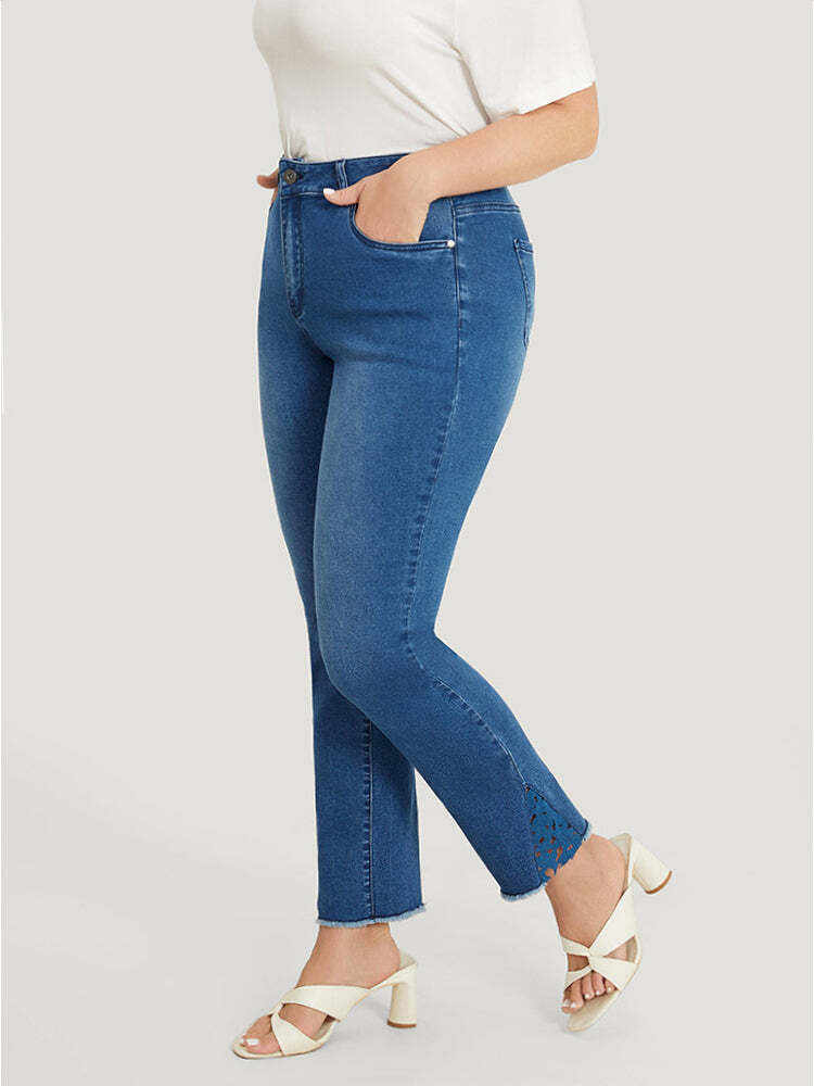 Very Stretchy High Rise Medium Wash Lace Insert Raw Hem Jeans