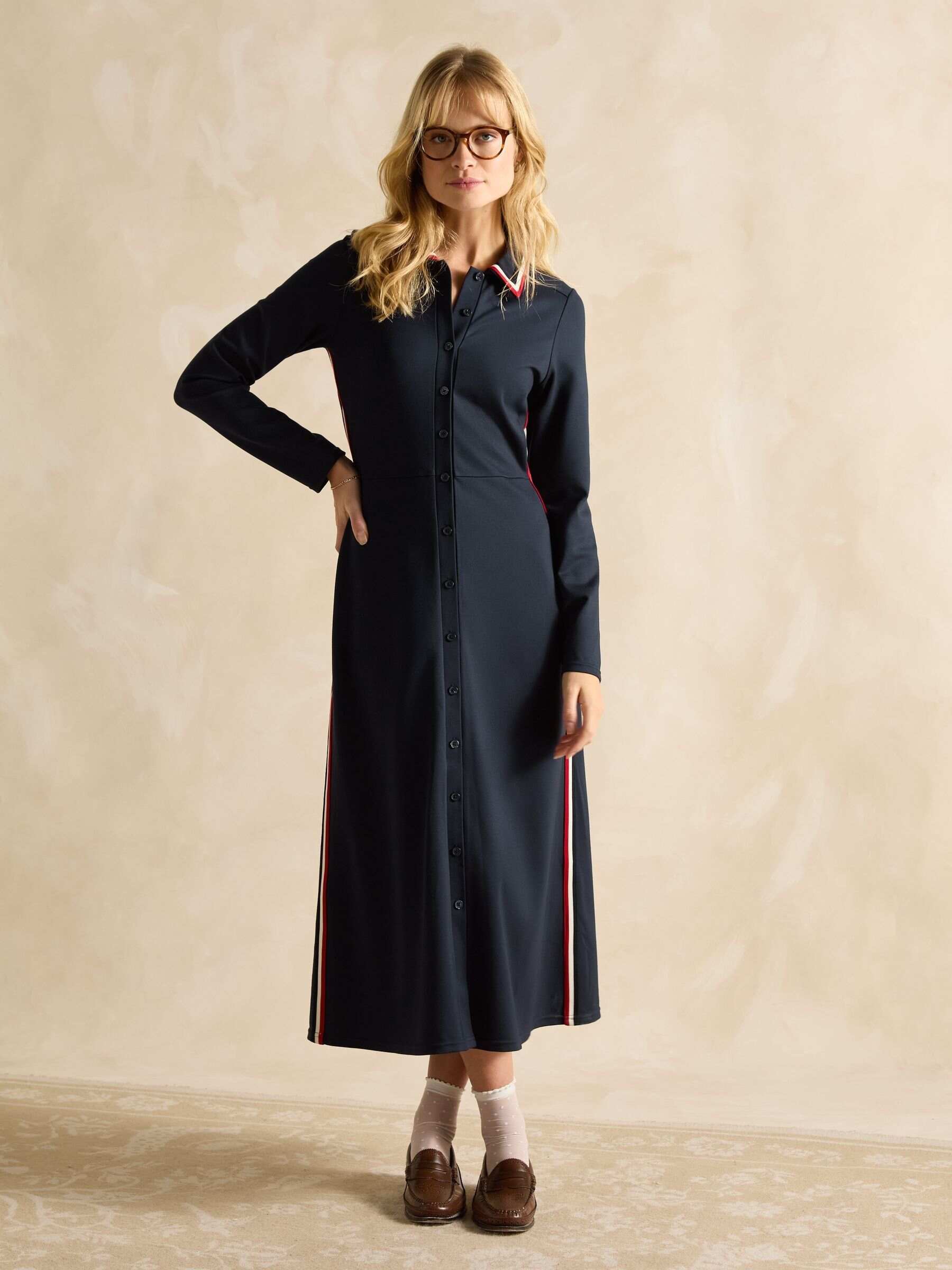 Pia Navy Blue Button Down Ponte Maxi Dress