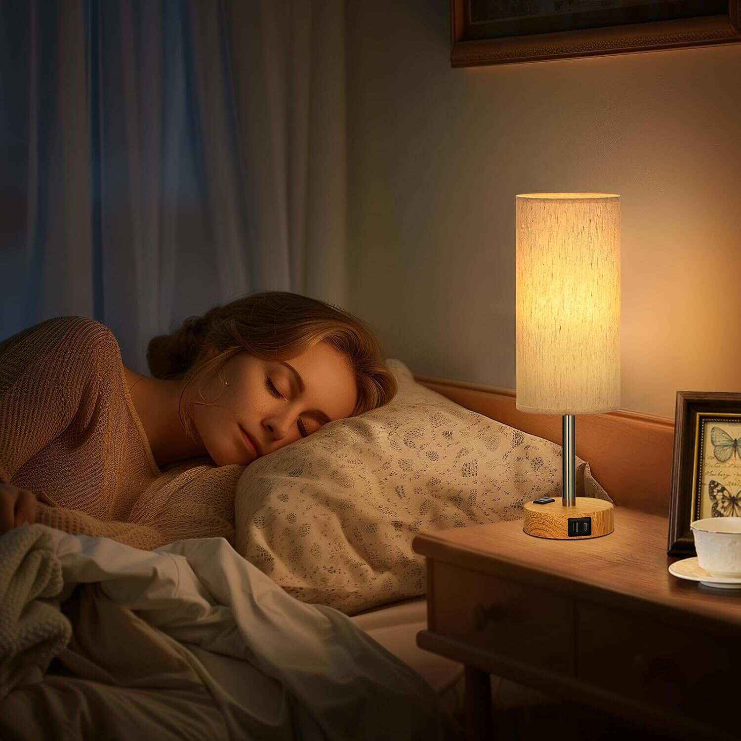 Bedside Table Lamp for Bedroom - 3 Way Dimmable Touch Lamp USB C Charging Ports and AC Outlet, Small Lamp Wood Base Round Flaxen Fabric Shade for Living Room, Desk, LED Bulb Included