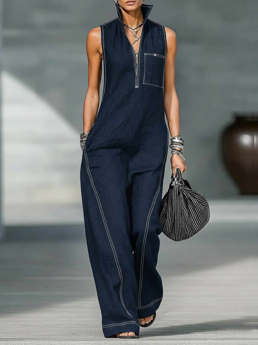 🔥Summer Arrivals🌟Women's Stand-collar Sleeveless Casual Loose Cotton And Linen Jumpsuit