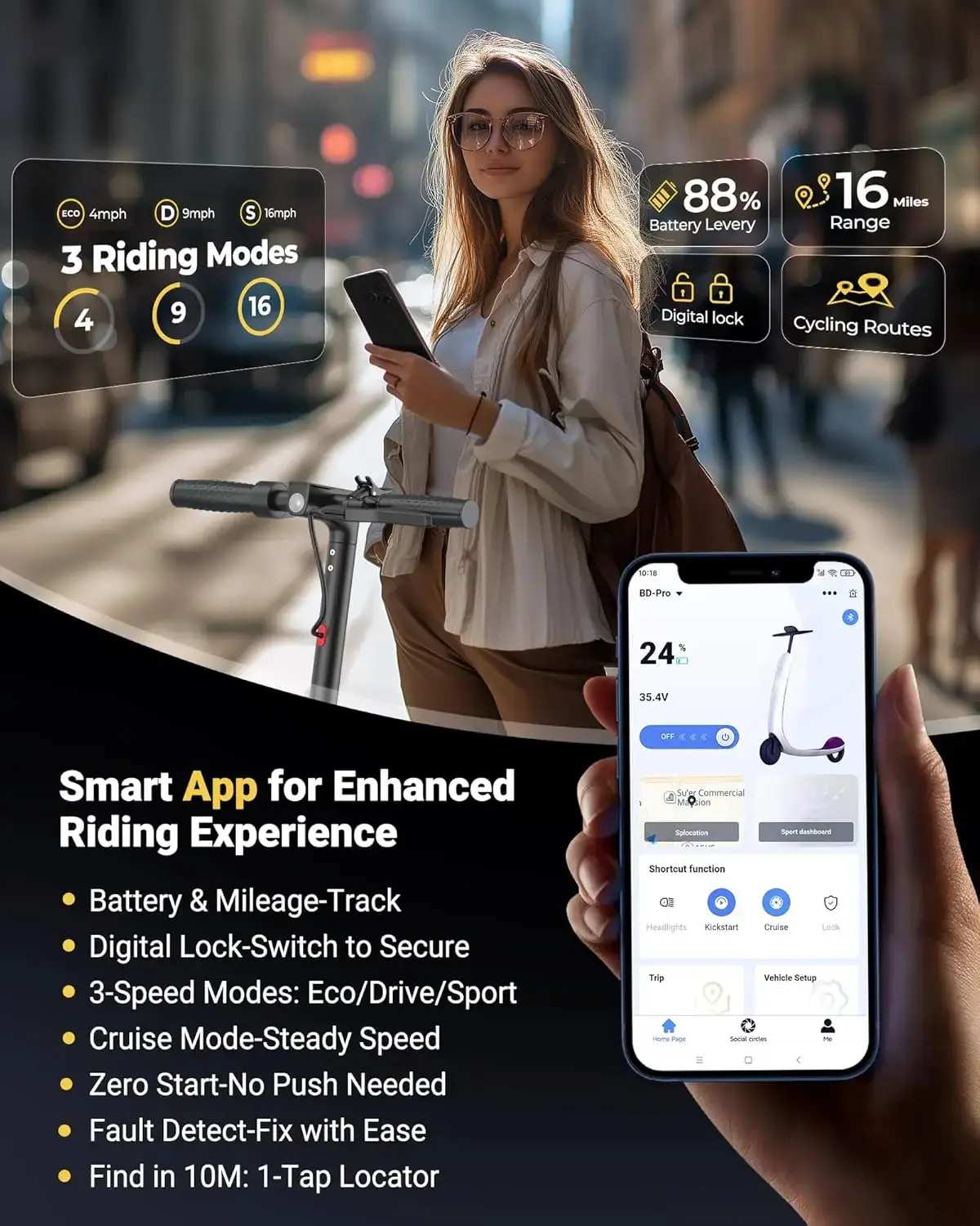 Electric Scooter 350W Motor,19 MPH Max Speed,12 Miles Range,8.5'' Foldable Scooter for Adults with APP,Foldable Commuter Scooter