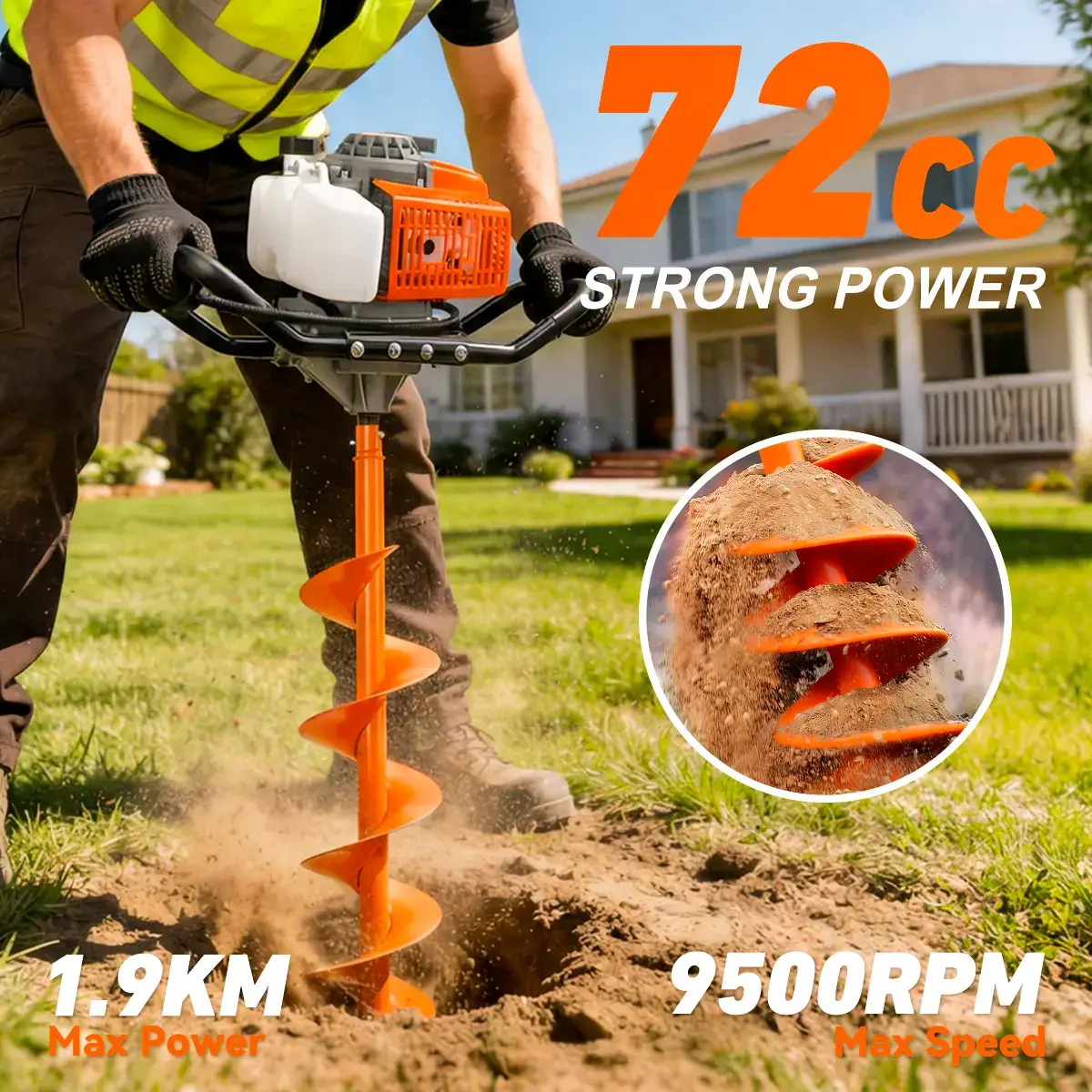 72CC 2-Stroke Gas Powered Earth Auger Post Fence Hole Digger Equipped with multiple sizes of drill bit combinations, Petrol Drill Borer for Garden & Lawn, Digging