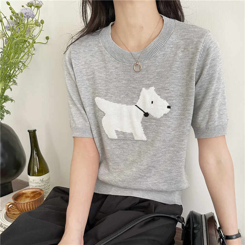 Puppy Jacquard Design Gray Loose Base Knitting Short Sleeve