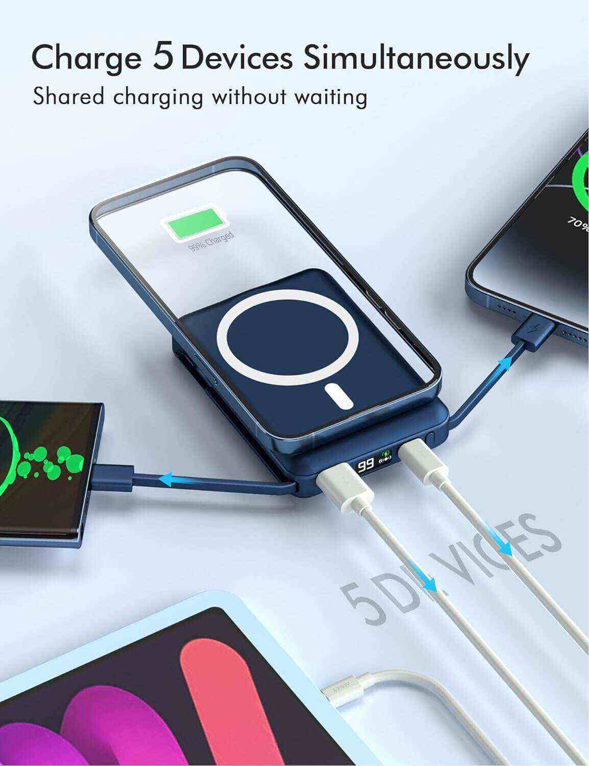 podoru Wireless Portable Charger, 10000mAh Magnetic Power Bank Built-in USB-C Lighting Cables 22.5W PD Fast Charging LED Display Mag-Safe Battery Pack for iPhone 15/14/13/12/Mini/Pro/Pro Max - White