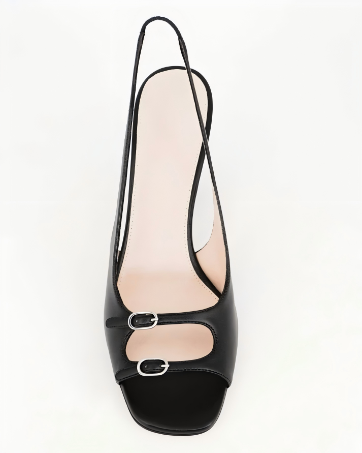 Black Leather Slingback Block Heels