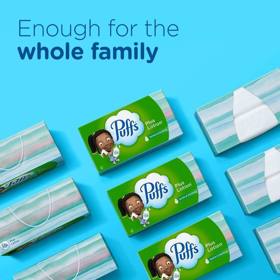 Puffs Plus Lotion Facial Tissues, 8 Family Boxes, 124 Facial Tissues per Box, Allergies and Colds