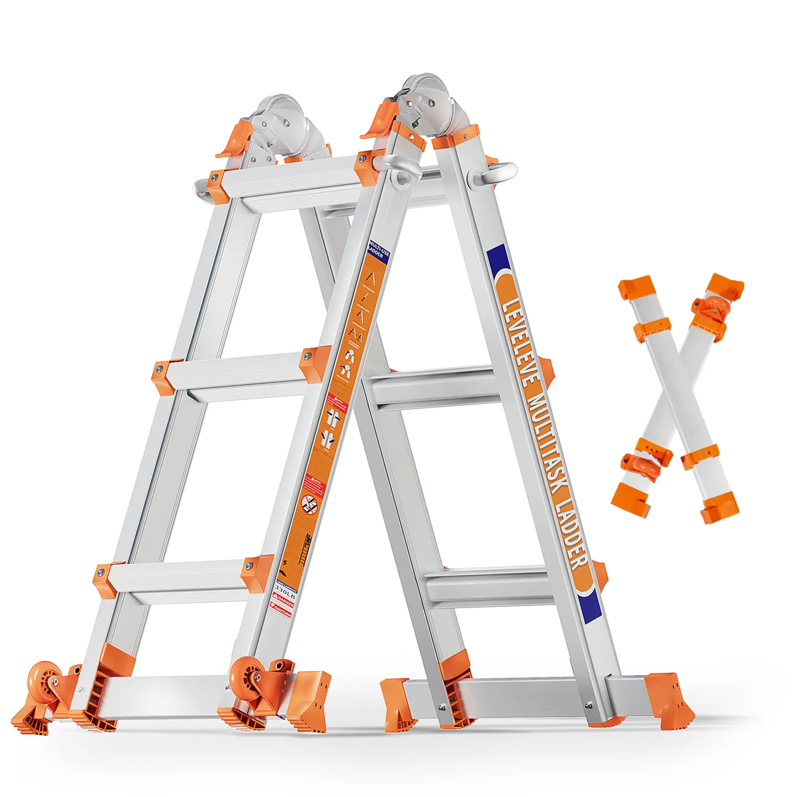 Multi-Position Extension Ladder, A-Frame Step Ladder with Stabilizer Bar & Wheels, 330LBS Security Load, Safe for Stairs, Home, Indoor, Outdoor & Roof Work