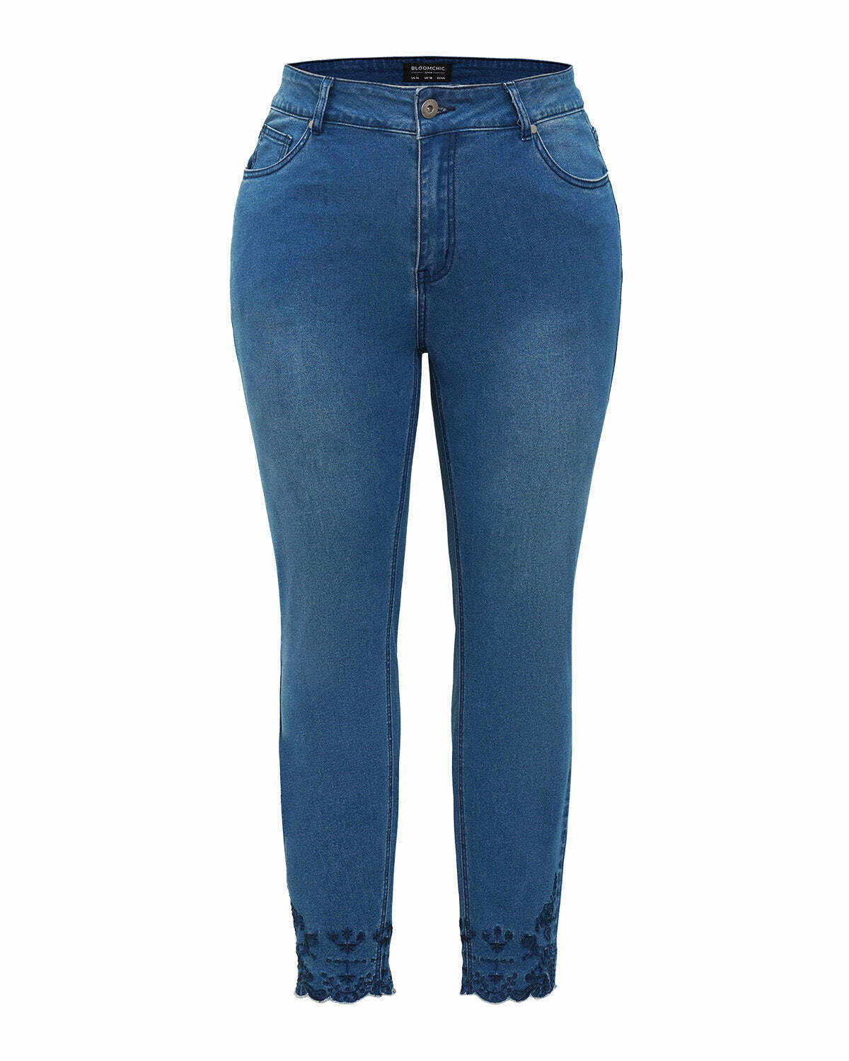 Very Stretchy High Rise Medium Wash Embroidered Scalloped Hem Jeans