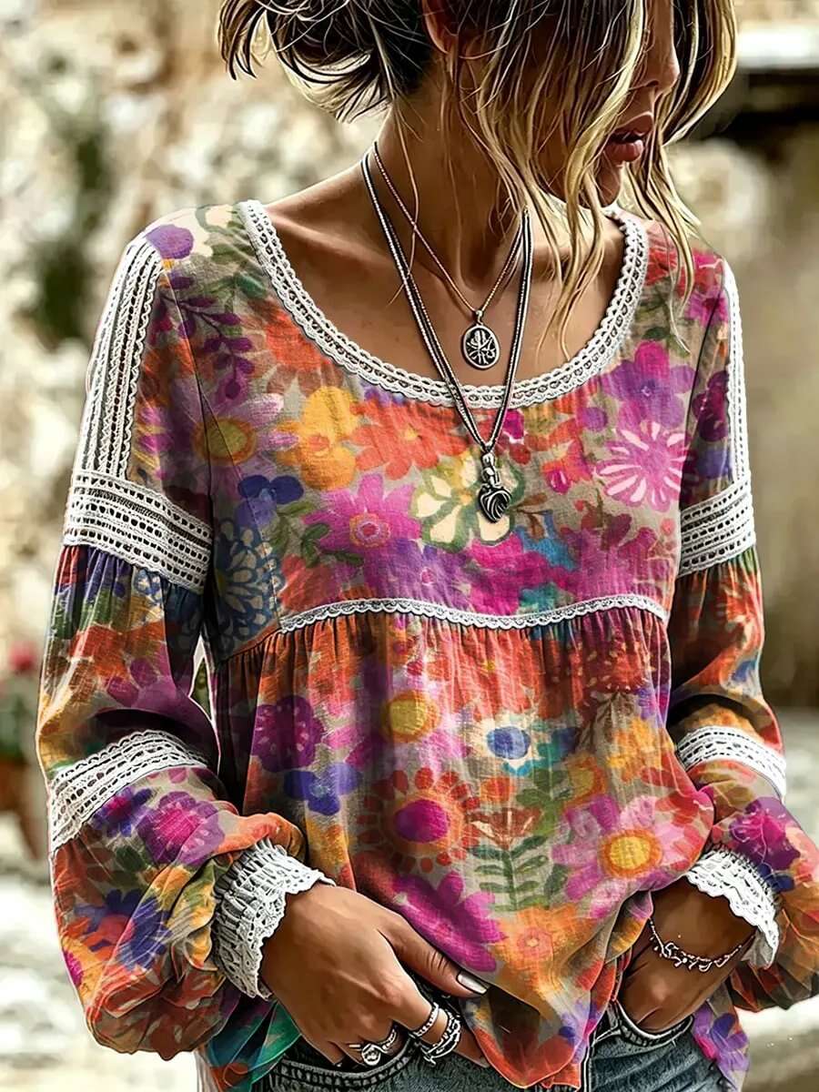 Loose-fitting a Crew Neck And Vintage Print Long-sleeve Top