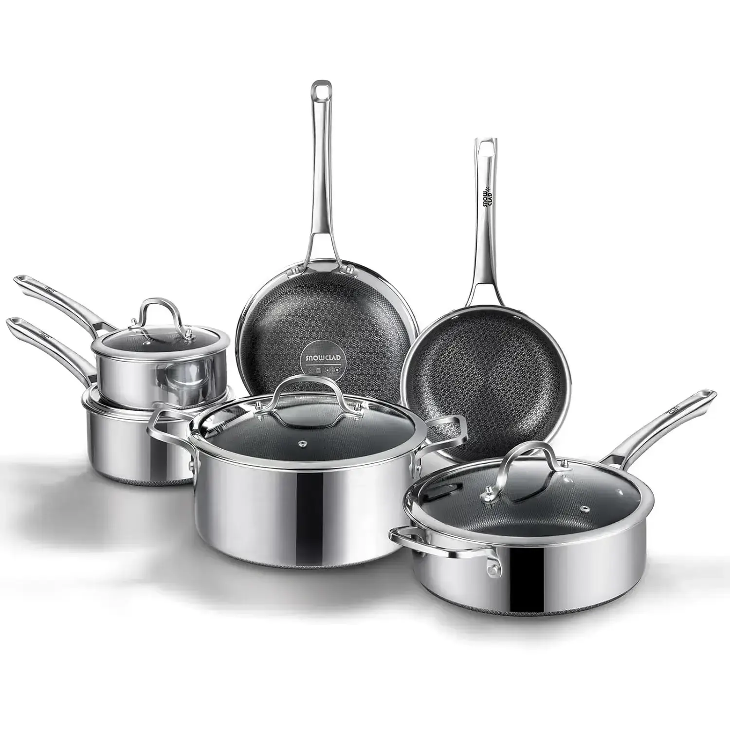 10-Pcs / 14-Pcs Hybrid Cookware Set – Nonstick Stainless Steel Pots and Pans Set, Induction Ready Frying Pans, Saucepans, Saute Pan & Stock Pot, PFOA Free