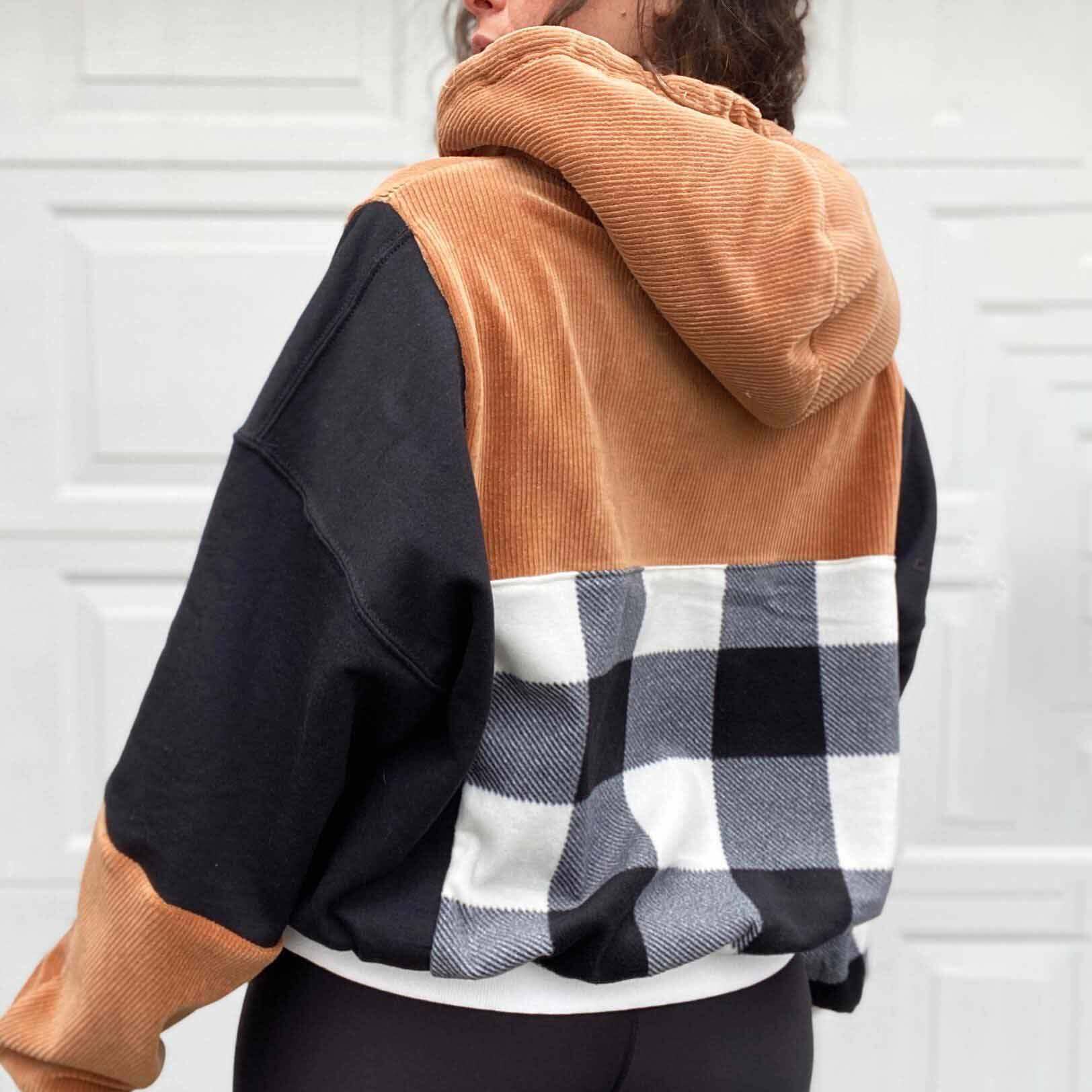 Women's Vintage Patchwork Corduroy Plaid Color Block Pocket Oversized Long Sleeve Hoodie