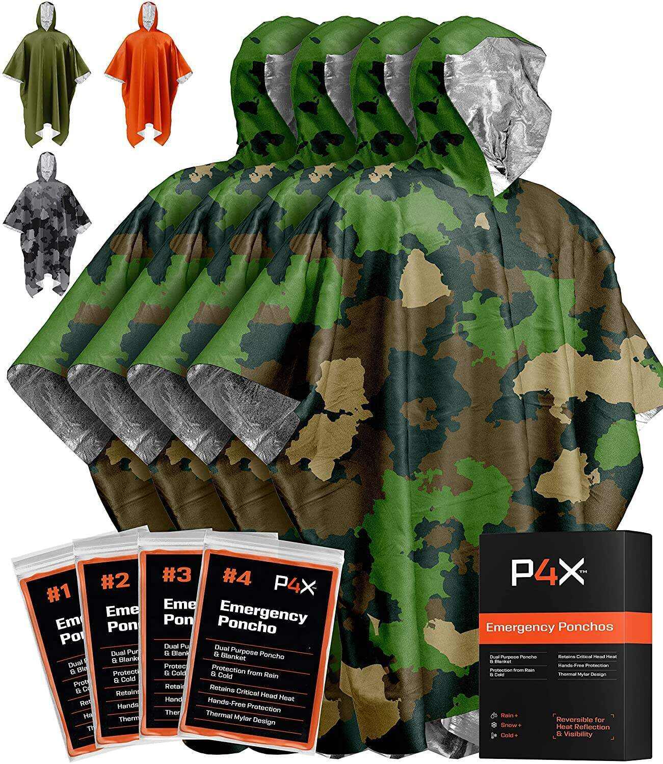 PREPARED4X Emergency Rain Poncho with Mylar Blanket Liner - Survival Blankets for Car - Heavy Duty, Waterproof Camping Gear, Tactical Prepper Supplies