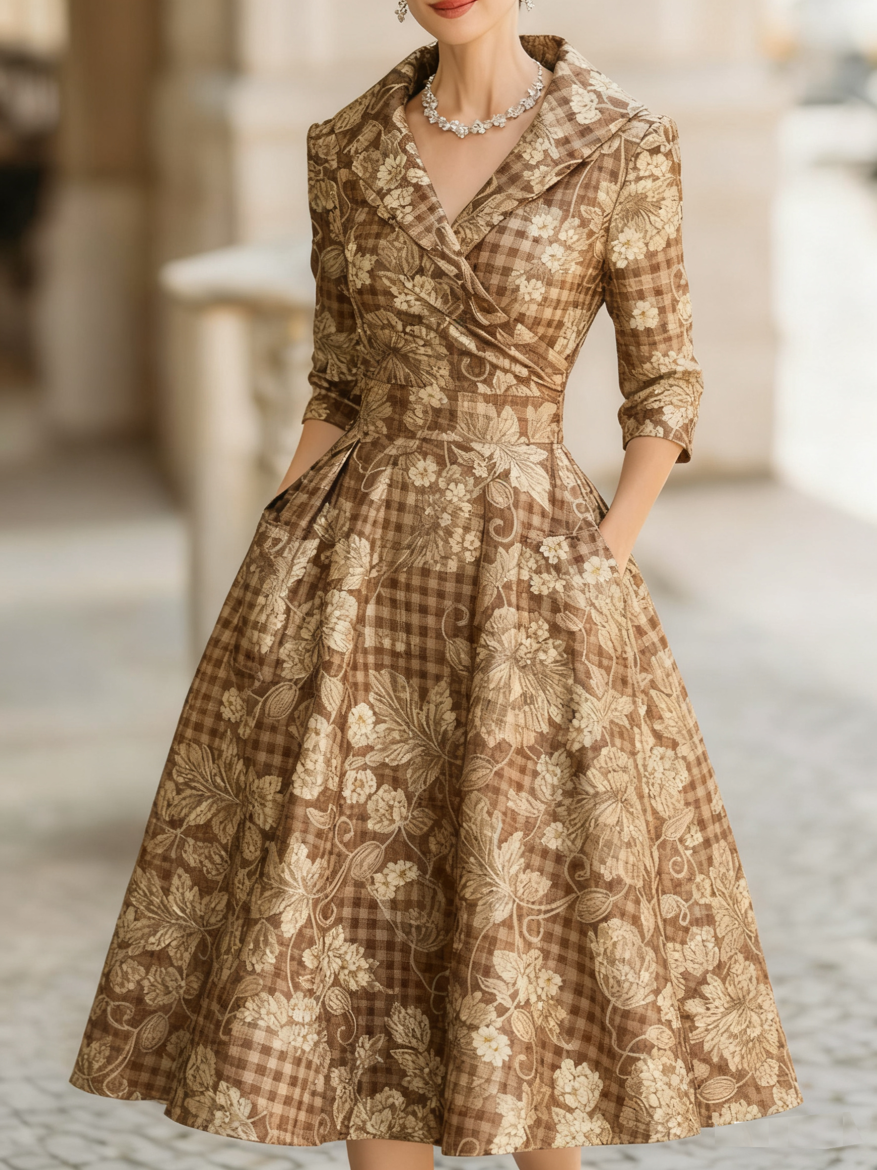 Vintage floral jacquard mid-length dress