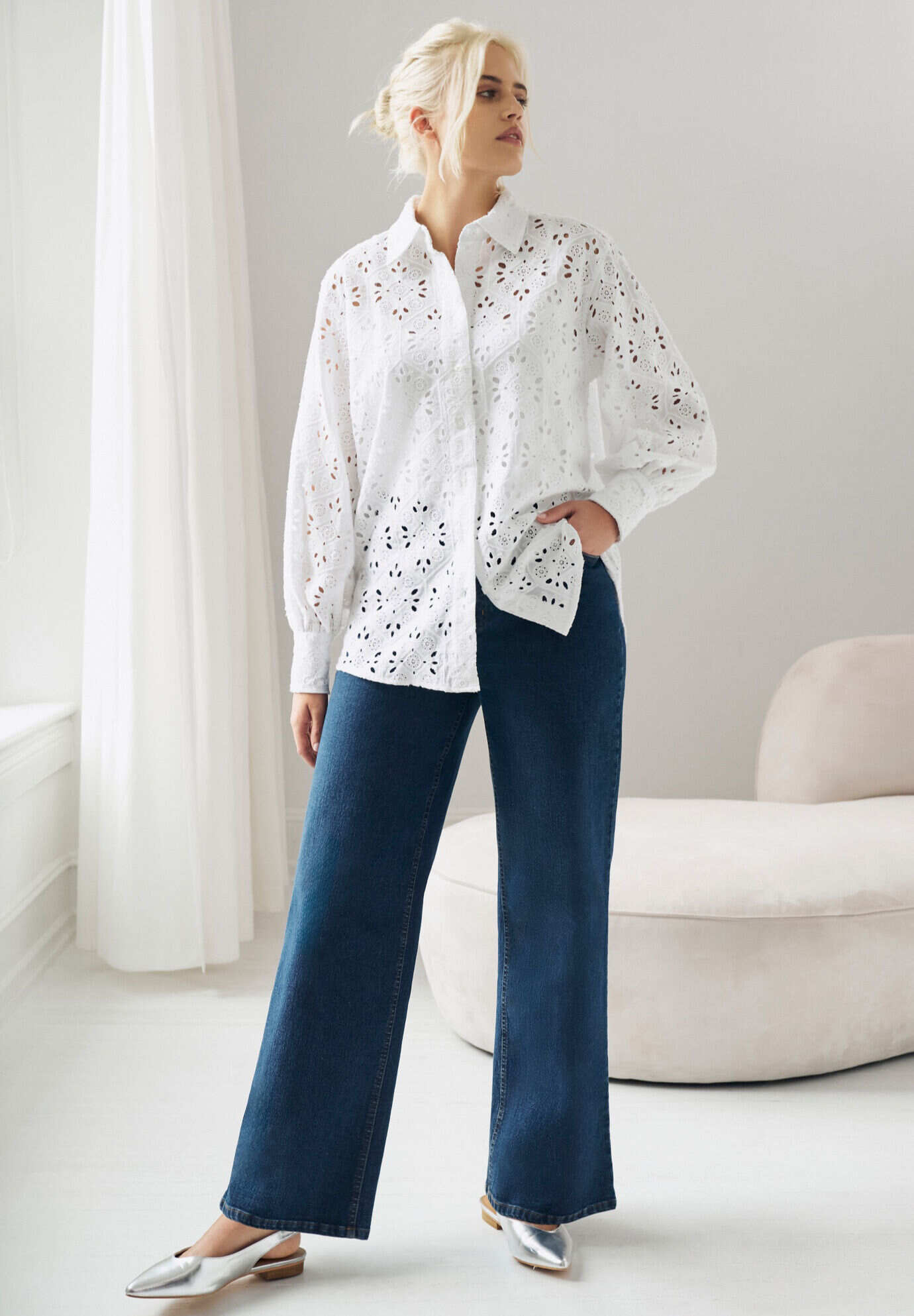 Eyelet Button Front Shirt With Blouson Sleeves