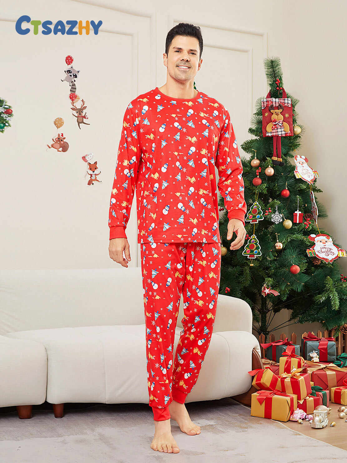 Family Parent-Child Christmas Tree Snowman Deer Printed Pajamas Set