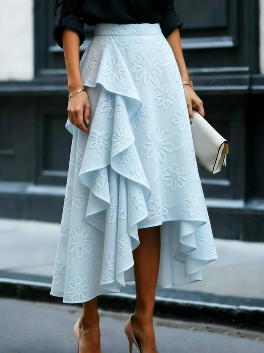 🔥Summer Arrivals🌟Elegant Romantic Ruffled Hem Floral Embroidery Skirt