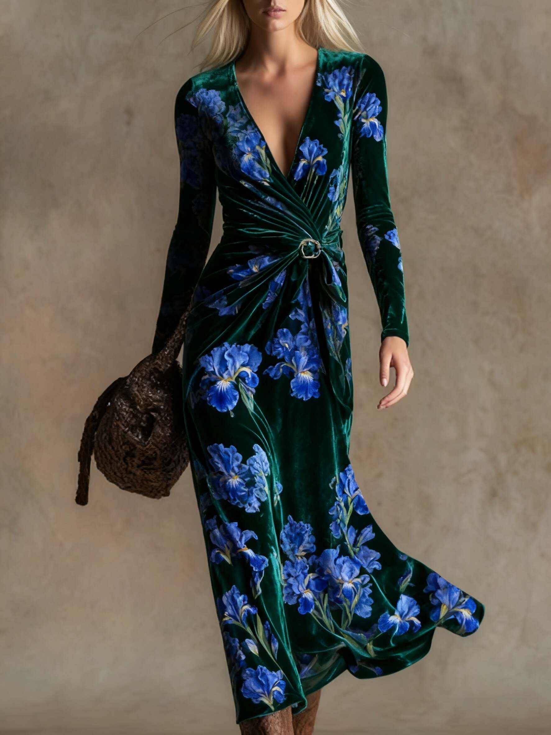 Elegant vintage print V-neck velvet maxi dress