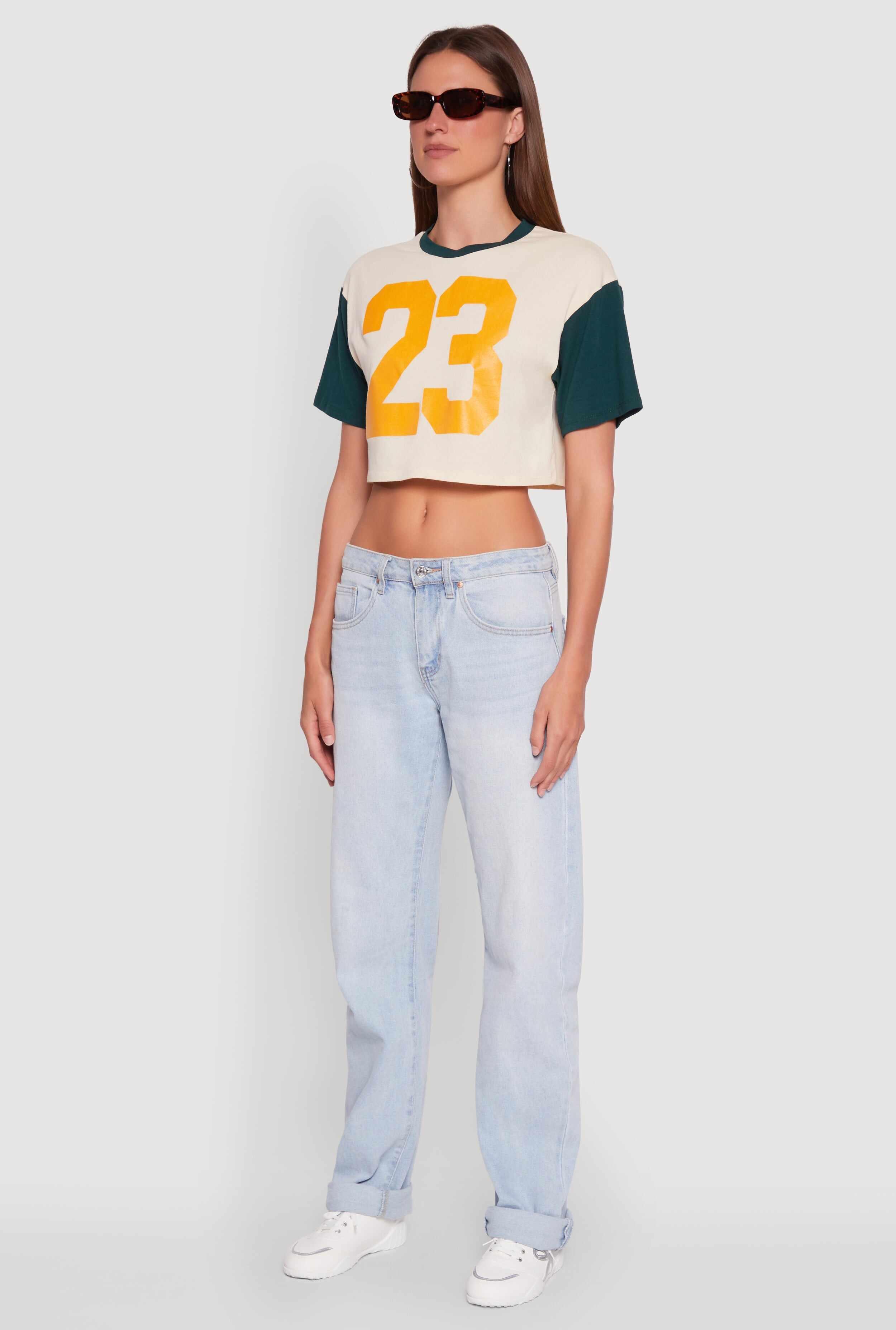 Trendy 23 Graphic Crew Neck Cropped Baseball Tee