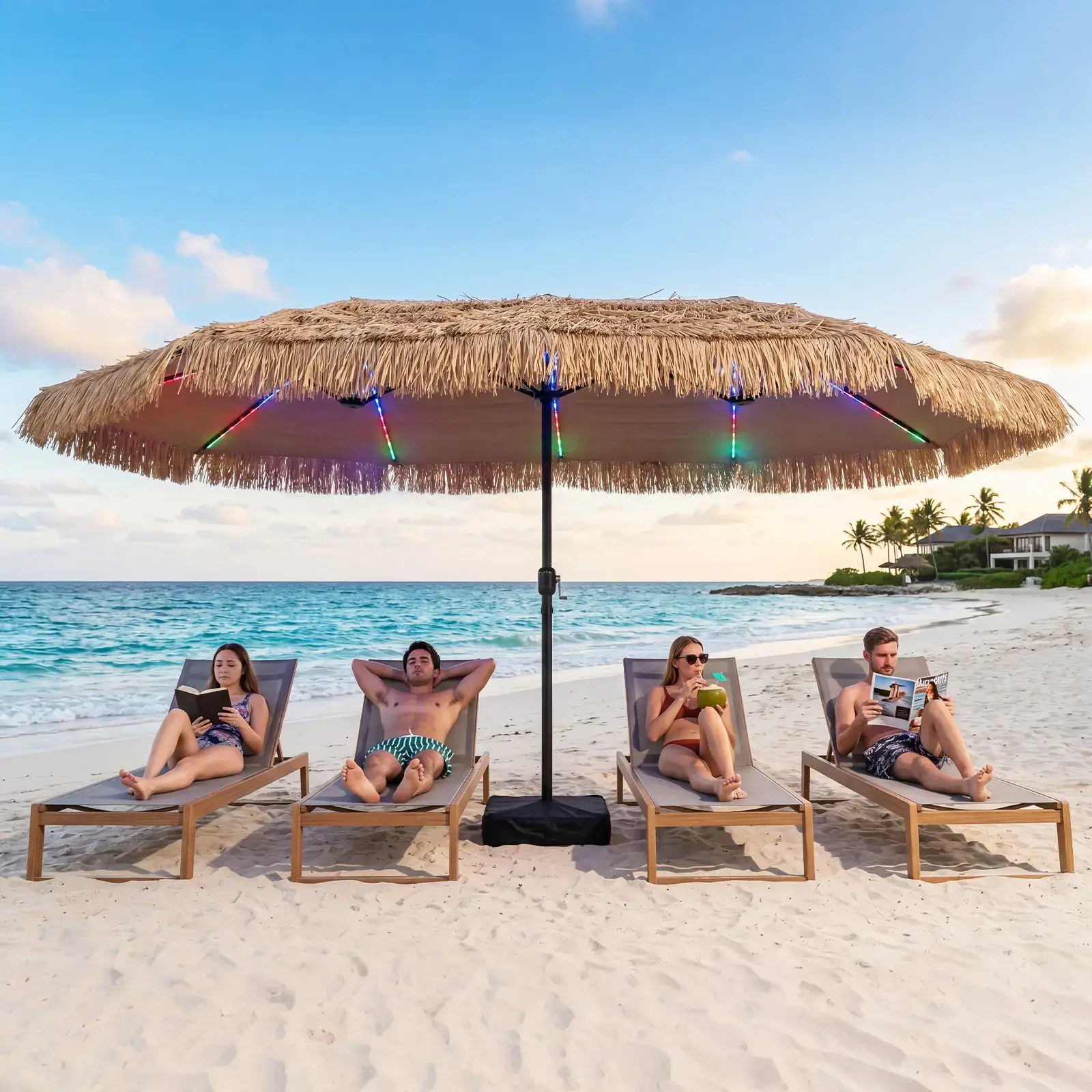 15 FT Solar Tiki Patio Umbrella with Base Included, Double-sided Hawaiian Style Thatched Market Table Umbrella with144 Multi-colored Flowing LED Lights, 12 Modes, Crank Handle, 12 Ribs, PE Grass Outdoor Umbrell for Pool Deck Garden Backyard