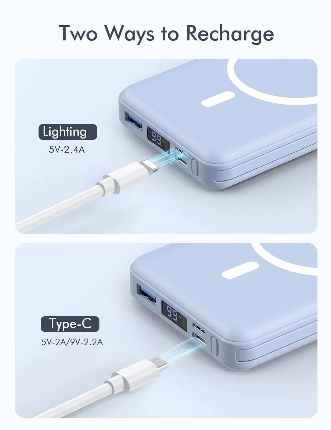 podoru Wireless Portable Charger, 10000mAh Magnetic Power Bank Built-in USB-C Lighting Cables 22.5W PD Fast Charging LED Display Mag-Safe Battery Pack for iPhone 15/14/13/12/Mini/Pro/Pro Max - White