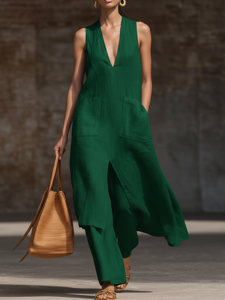 🔥Summer Arrivals🌟Stylish V-neck Long Shirt And Wide-leg Pant Linen Two-piece Set