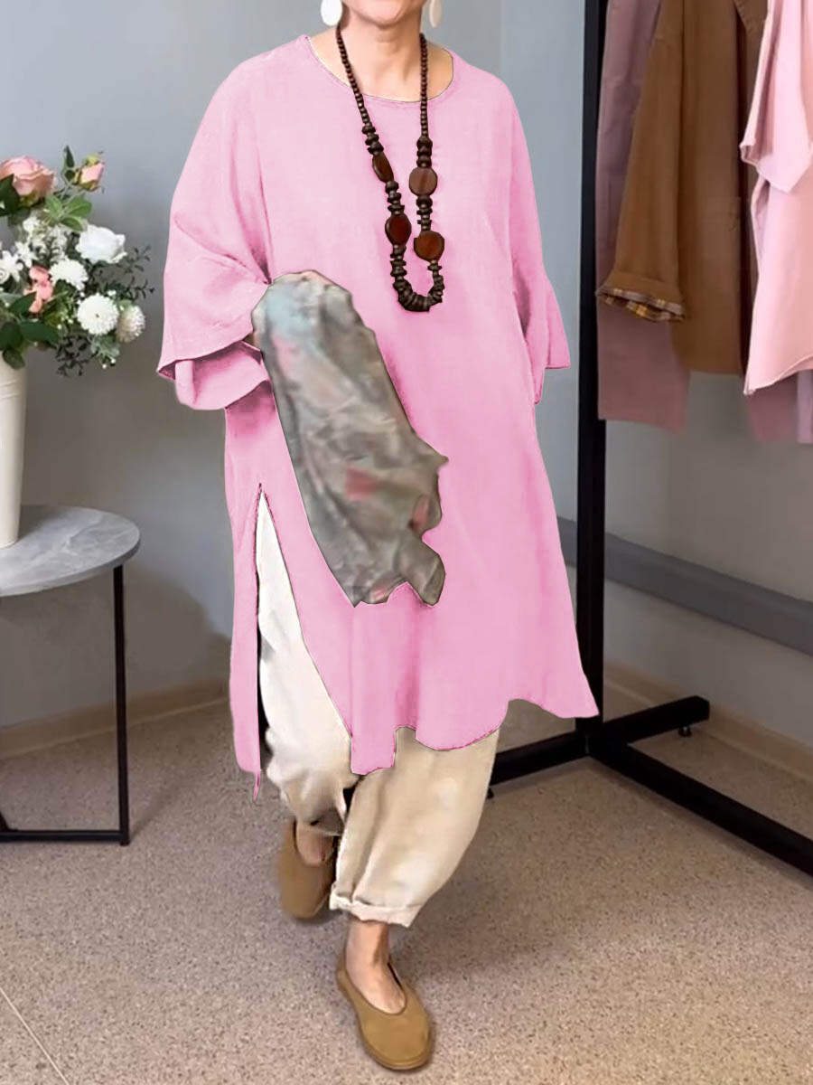🔥Summer Arrivals🌟Women's Solid Color Round Neck 3/4 Sleeves Casual Linen Slit Long Top