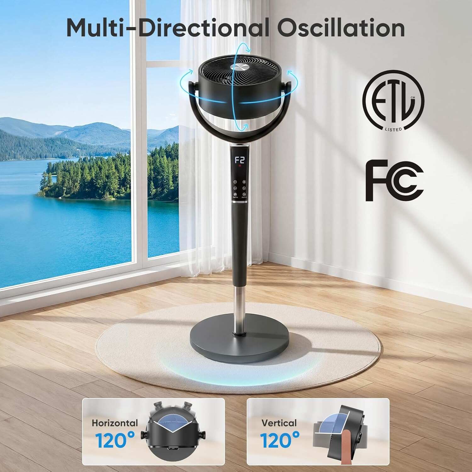 Pedestal Fan for Bedroom, 1050CFM Standing Fans with DC Motor, 15 Speeds & 5 Modes, Pedestal Air Circulator 120° Omni Oscillation Digital Display & Remote, 12H Timer, 37-45