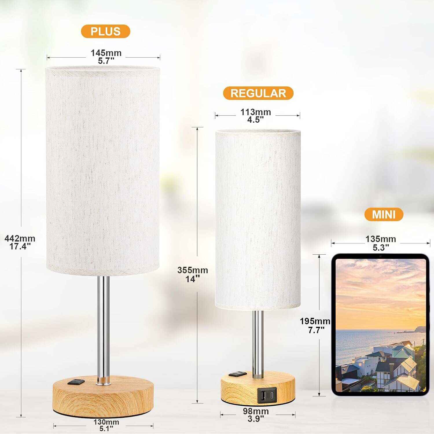 Bedside Table Lamp for Bedroom - 3 Way Dimmable Touch Lamp USB C Charging Ports and AC Outlet, Small Lamp Wood Base Round Flaxen Fabric Shade for Living Room, Desk, LED Bulb Included