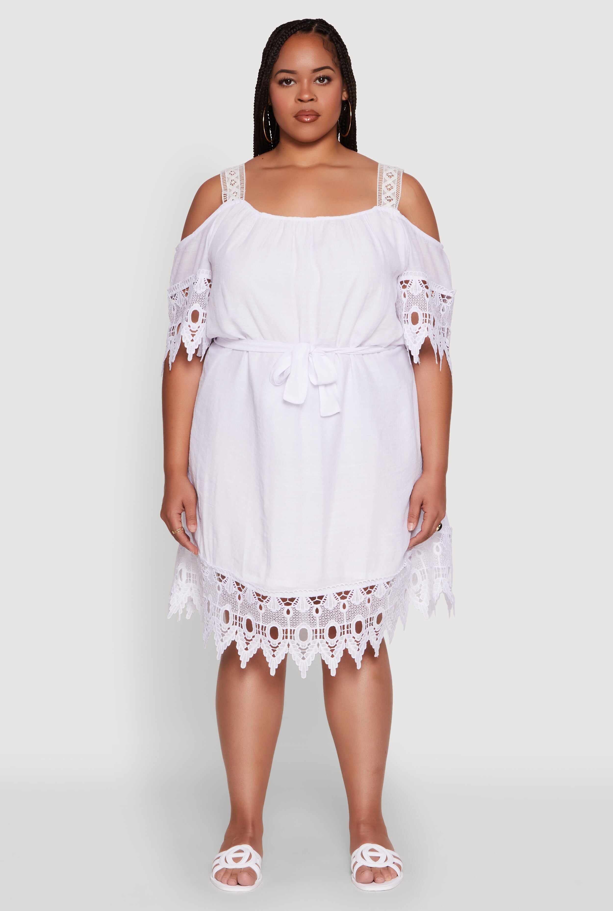 Plus Size Chic Crochet Detail Gauze Knit Cold Shoulder Dress