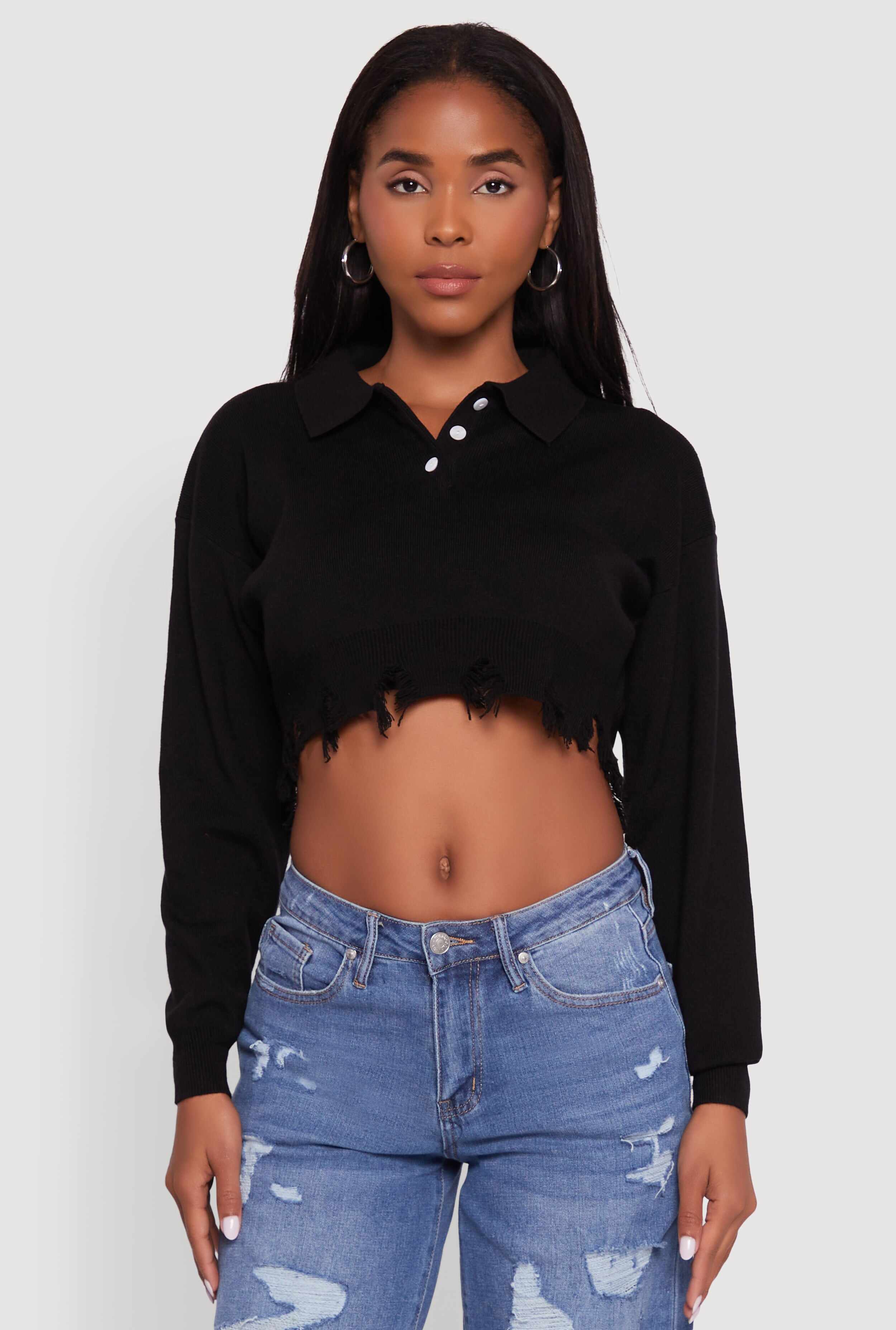 Frayed High Low Hem Cropped Long Sleeve Sweater