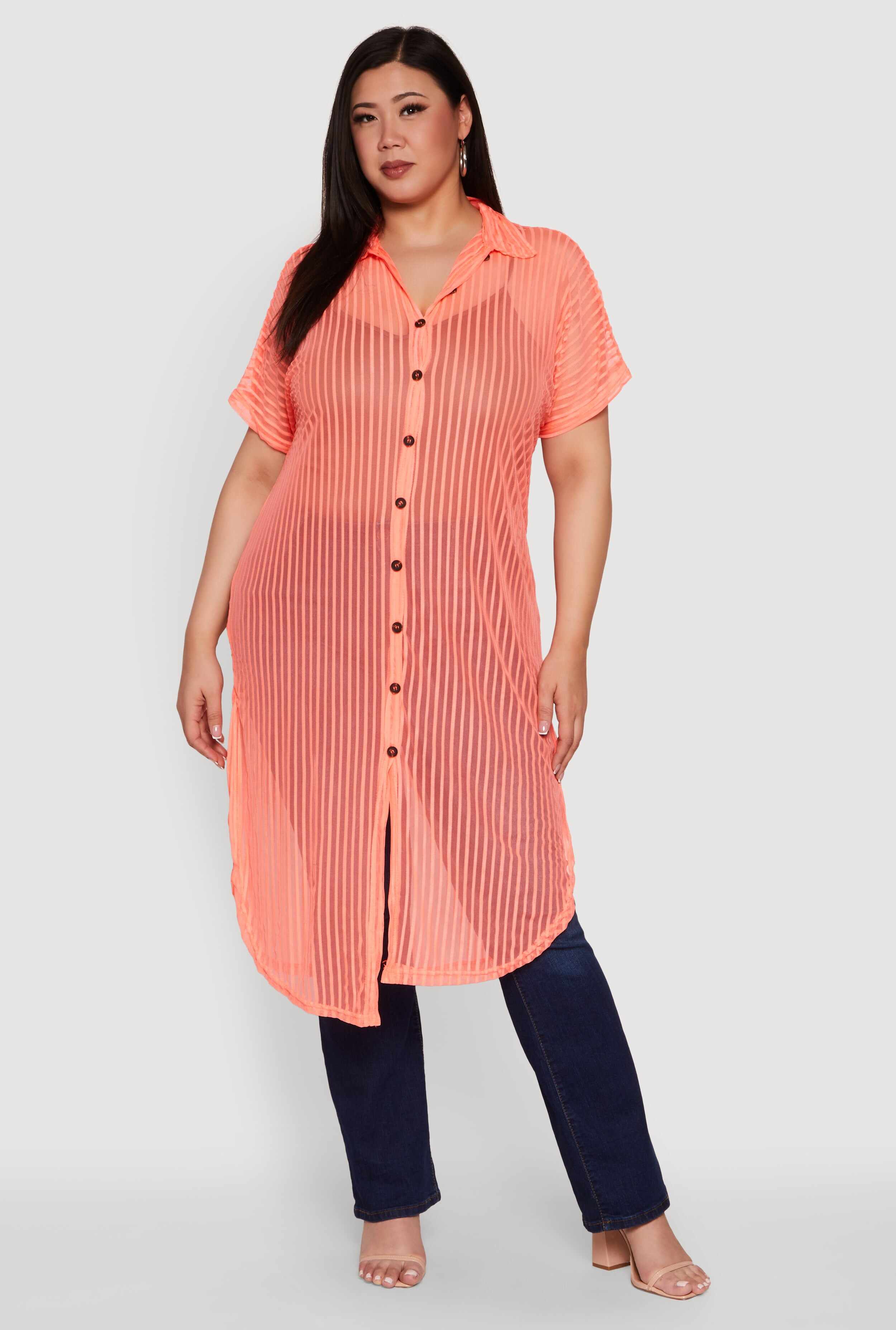 Plus Size Mesh Button Front Side Slit Shirt