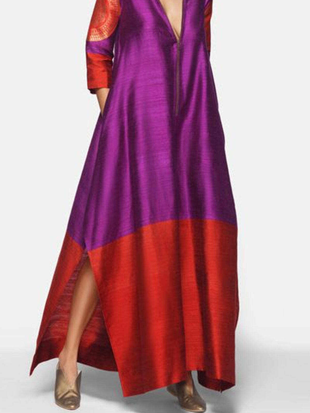 Elegant Color Block Deep V-Neck 3/4 Sleeve Split Maxi Dress