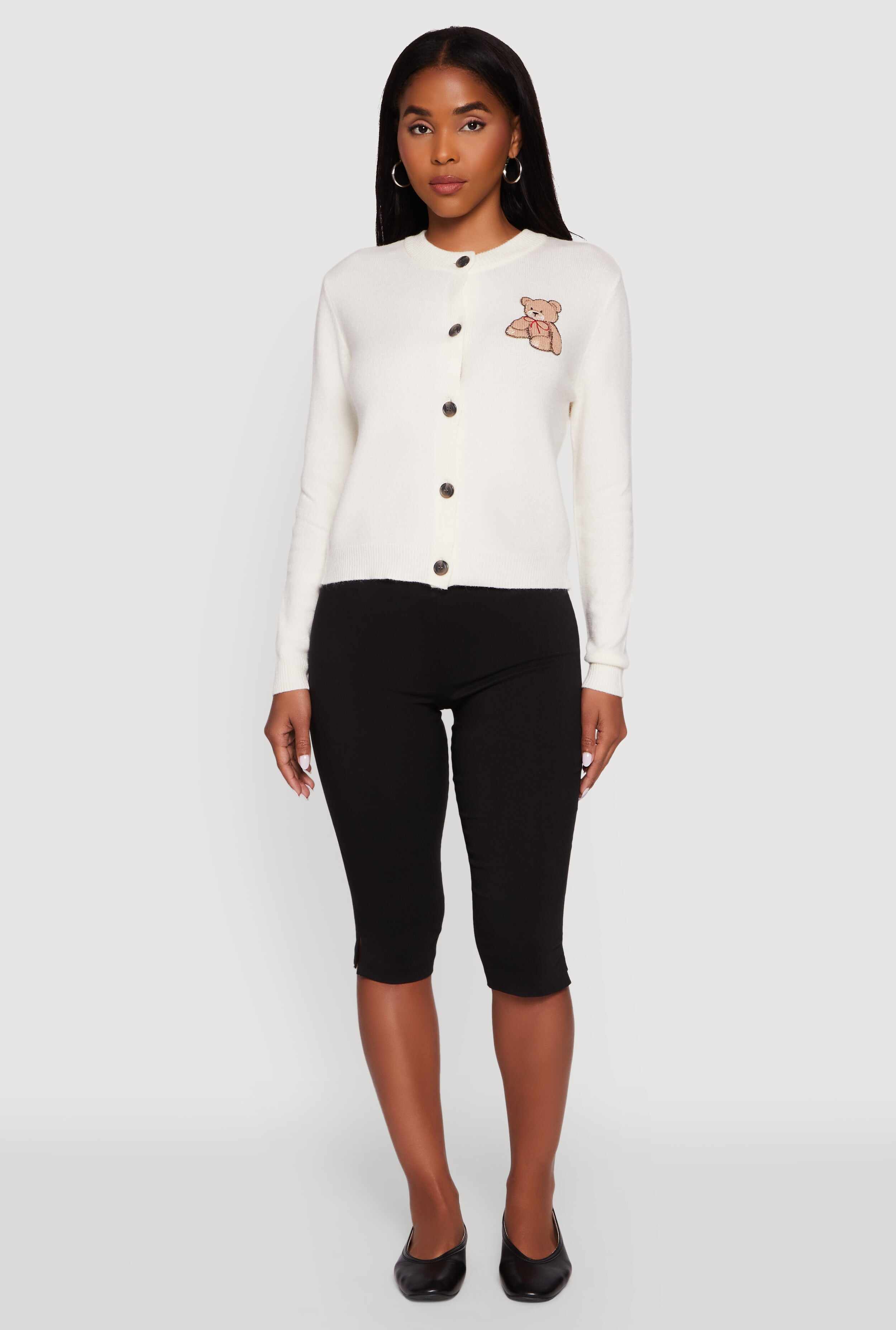 Embroidered Teddy Button Front Long Sleeve Cardigan
