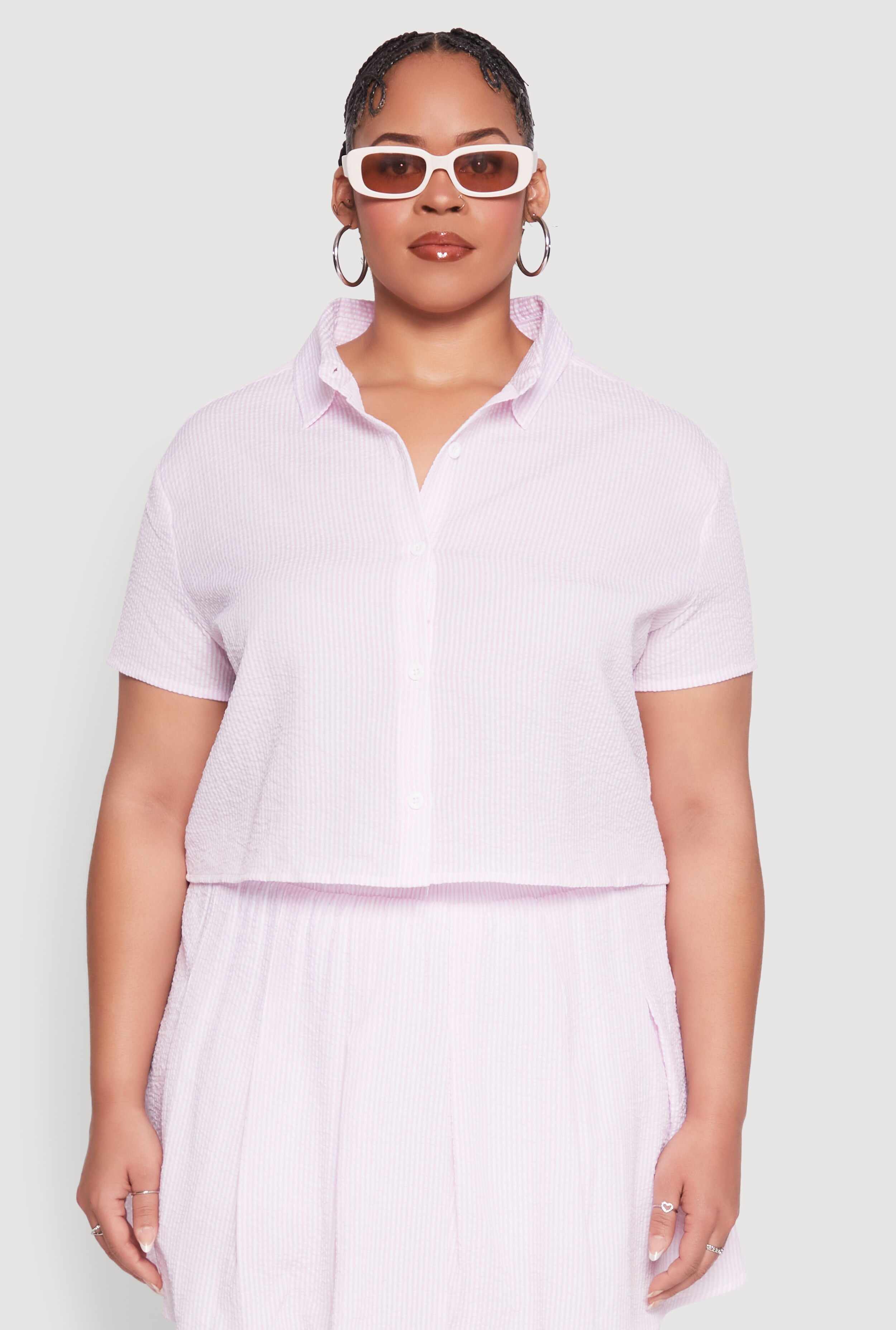 Plus Size Almost Famous Striped Seersucker Cropped Shirt