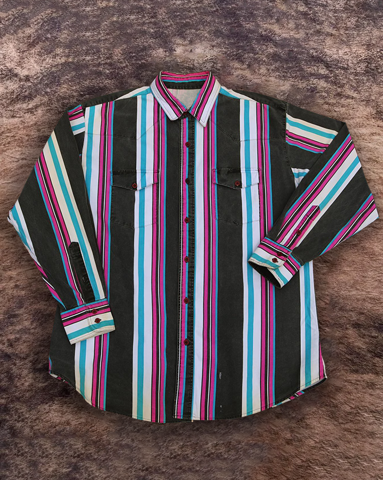 Men's Retro Casual Black and Pink Striped Shirt