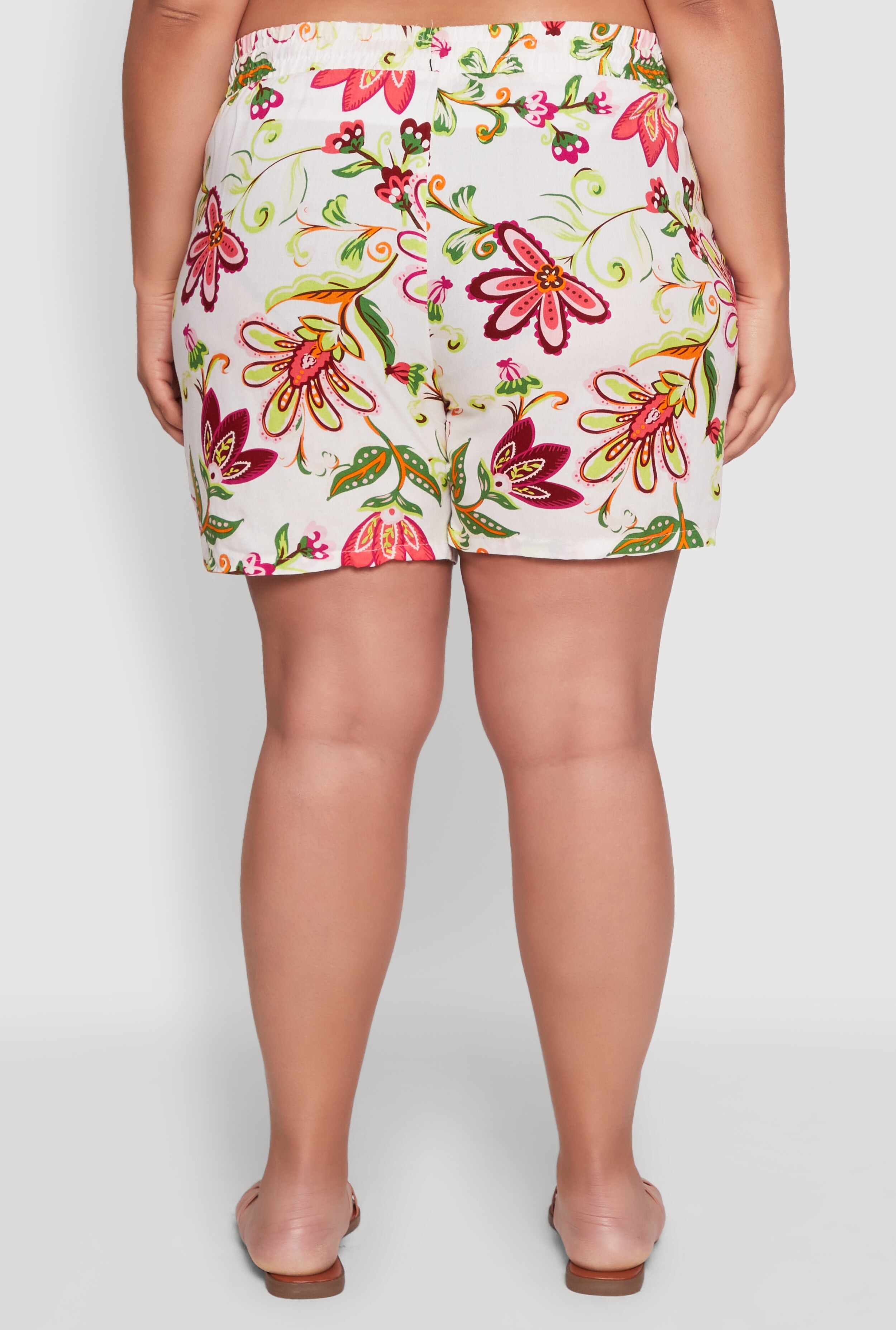 Plus Size Floral Print High Waisted Shorts with Drawstring Waist