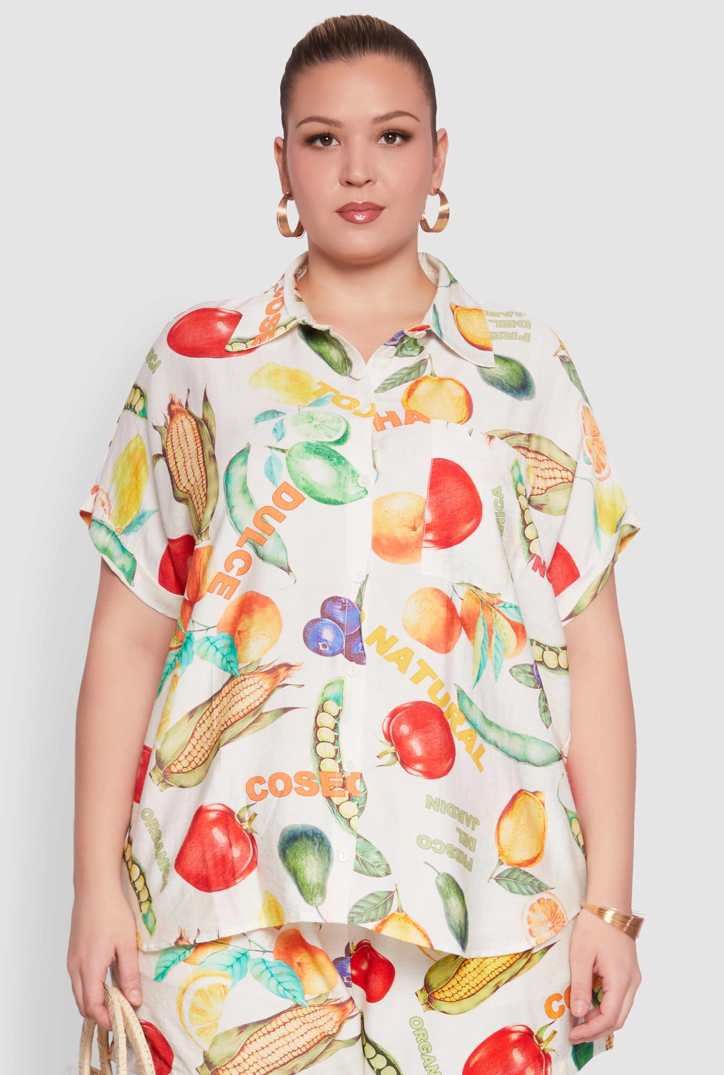 Plus Size Fruit Print Button Front Short Sleeve Shirt