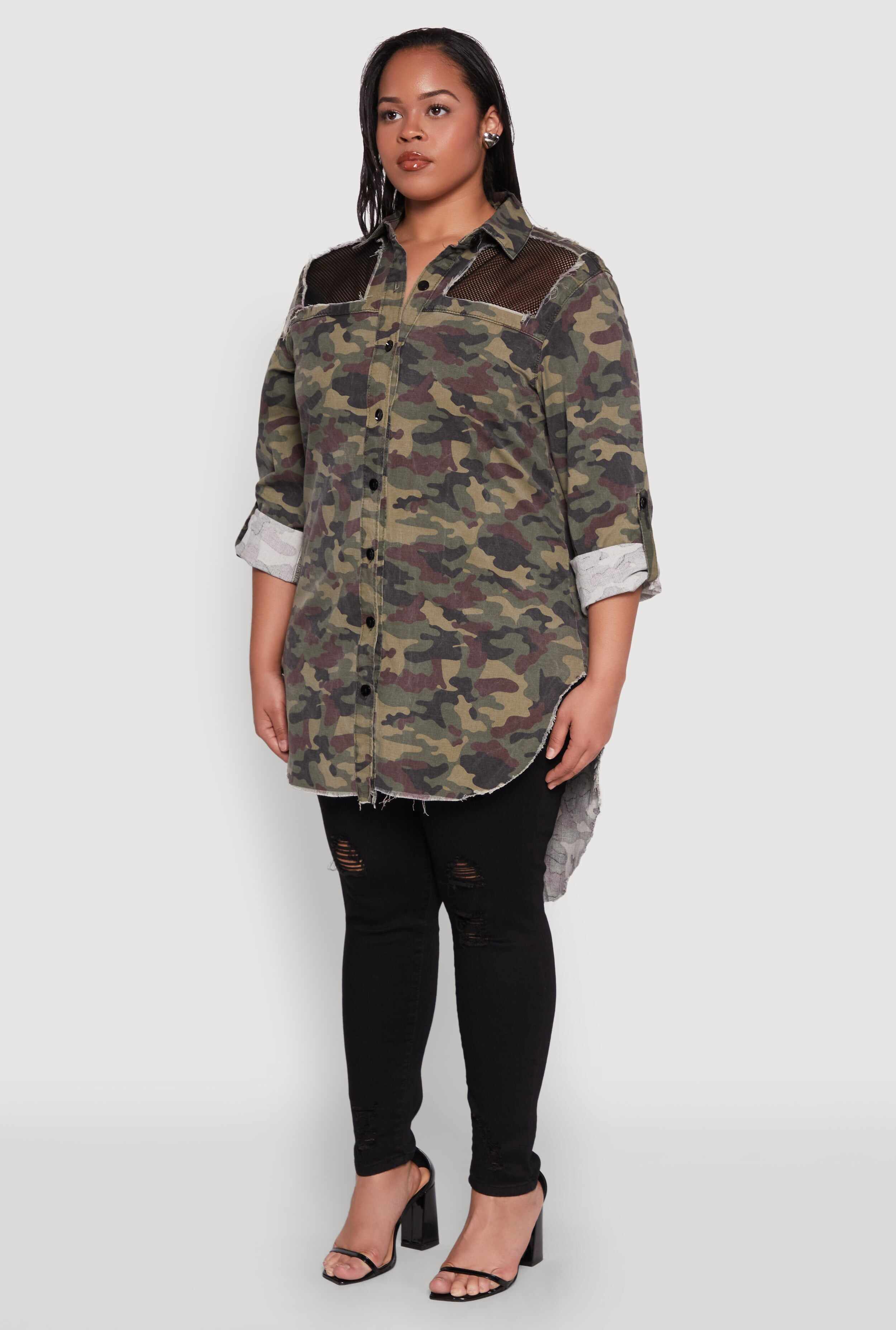Plus Size Fishnet Detail Camouflage Shirt