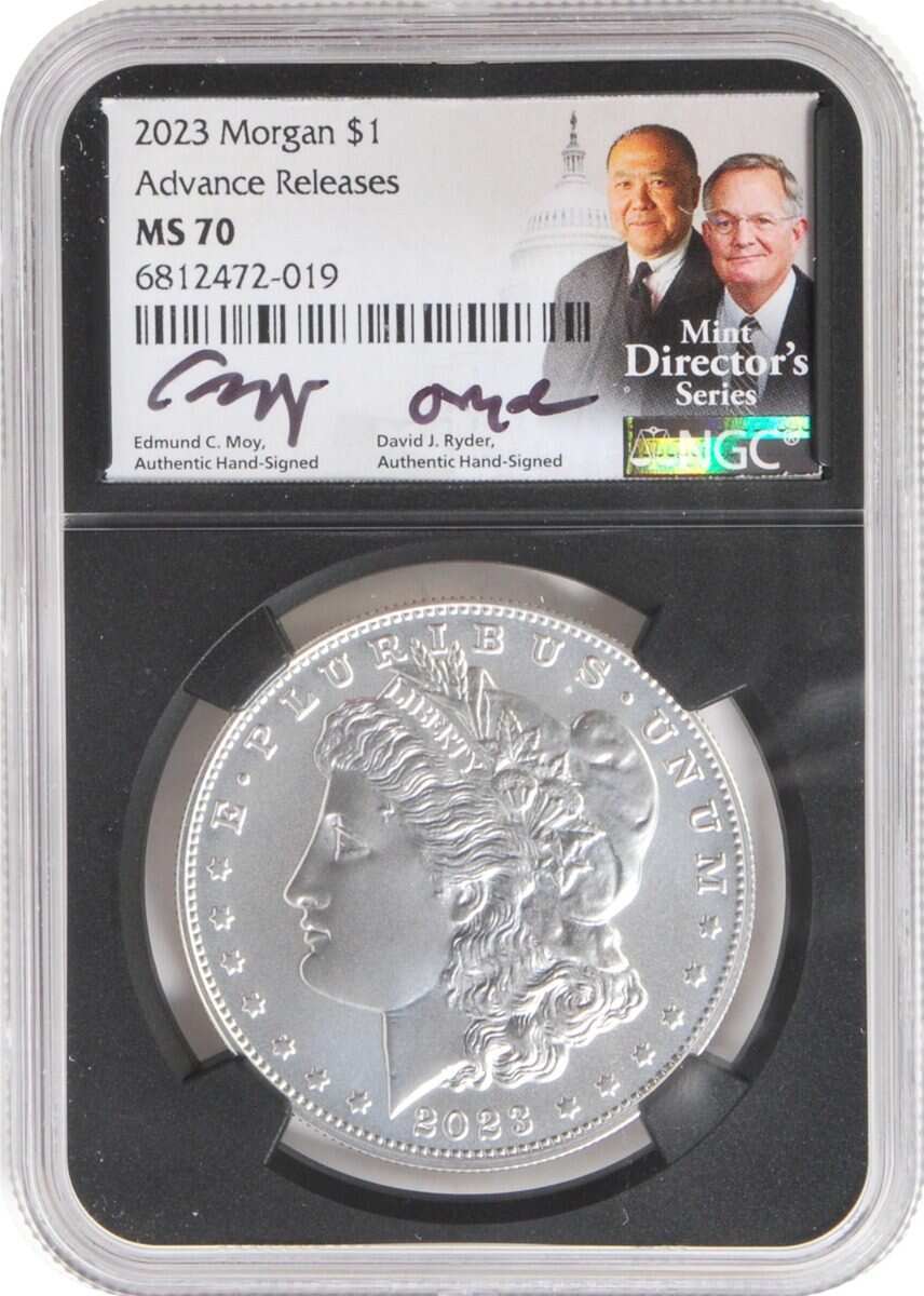 2023 6 PC Morgan and Peace Silver Dollars NGC MS70/PF70/ Reverse PF70 Advance Releases signed by Edmund C. Moy & David Ryder U.S. Mint Directors