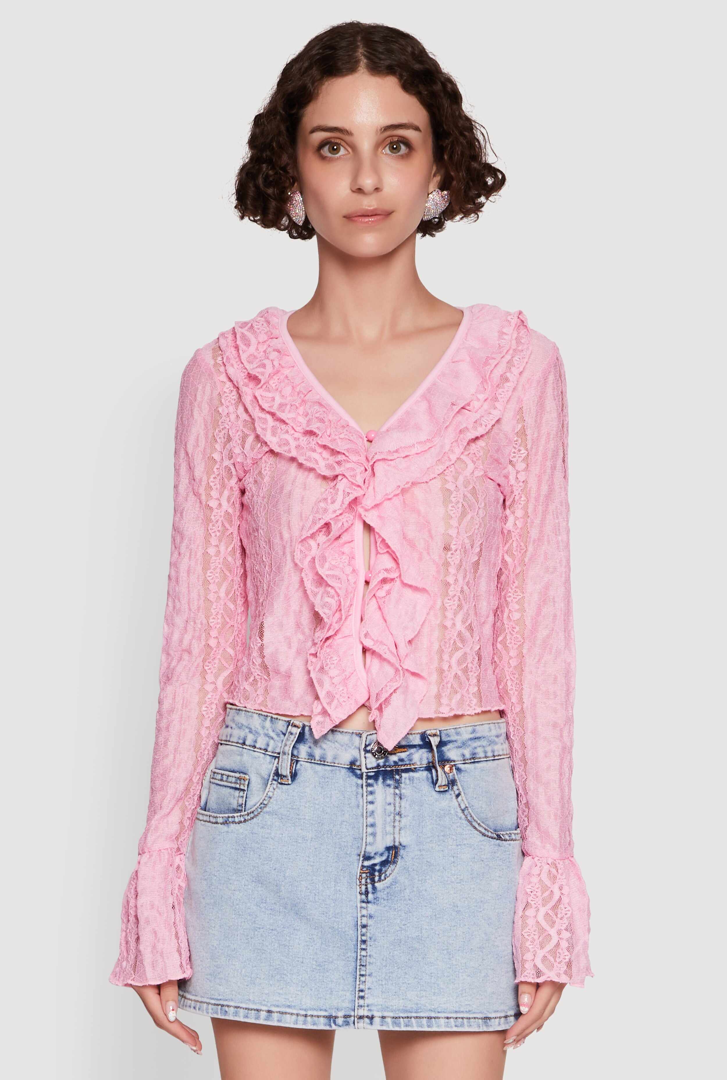 Lace V-Neck Bell Sleeve Button Front Blouse