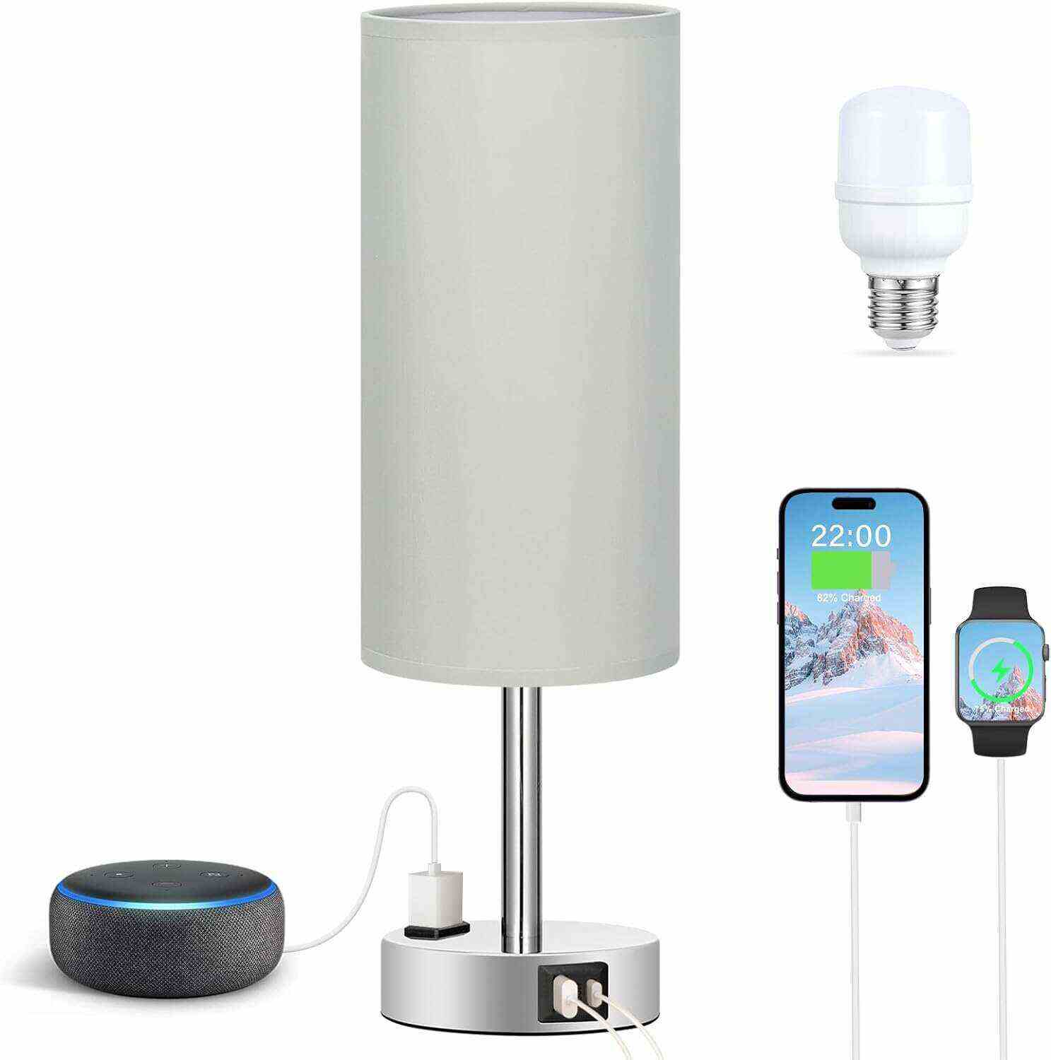 Bedside Table Lamp for Bedroom - 3 Way Dimmable Touch Lamp USB C Charging Ports and AC Outlet, Small Lamp Wood Base Round Flaxen Fabric Shade for Living Room, Desk, LED Bulb Included