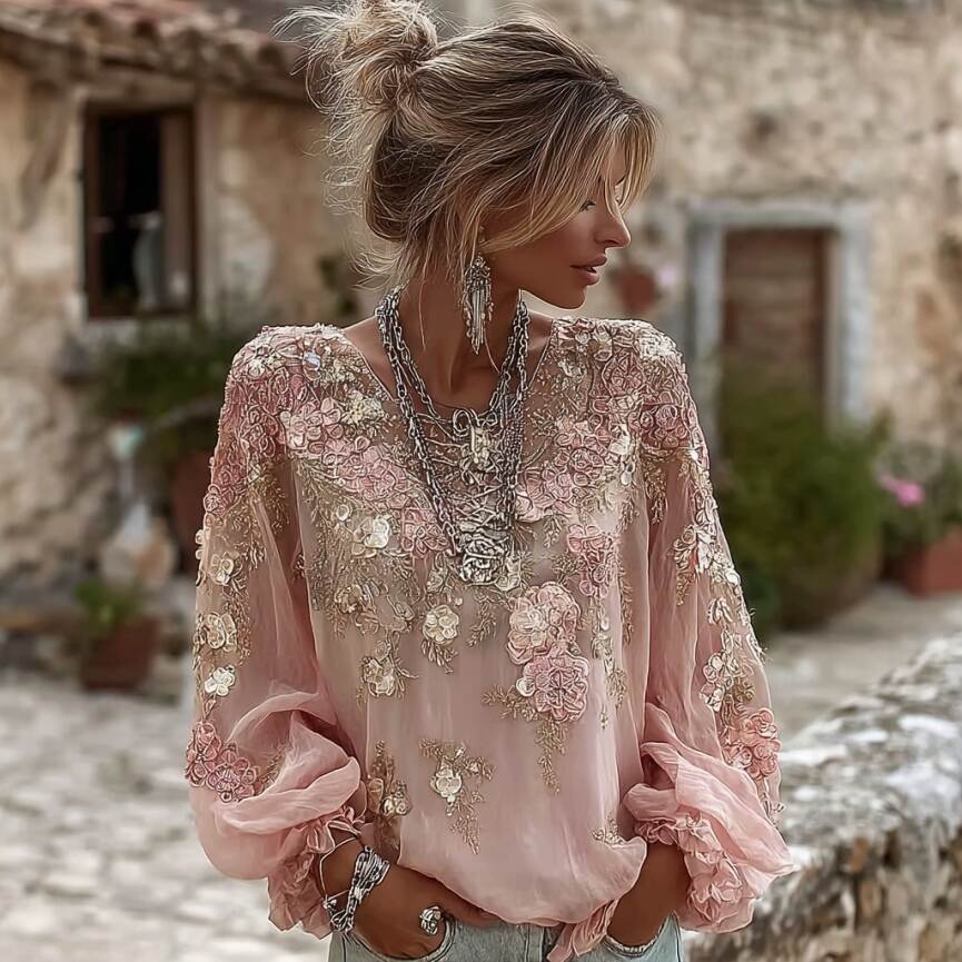 Women's Floral Embroidered Art Round Neck Blouse