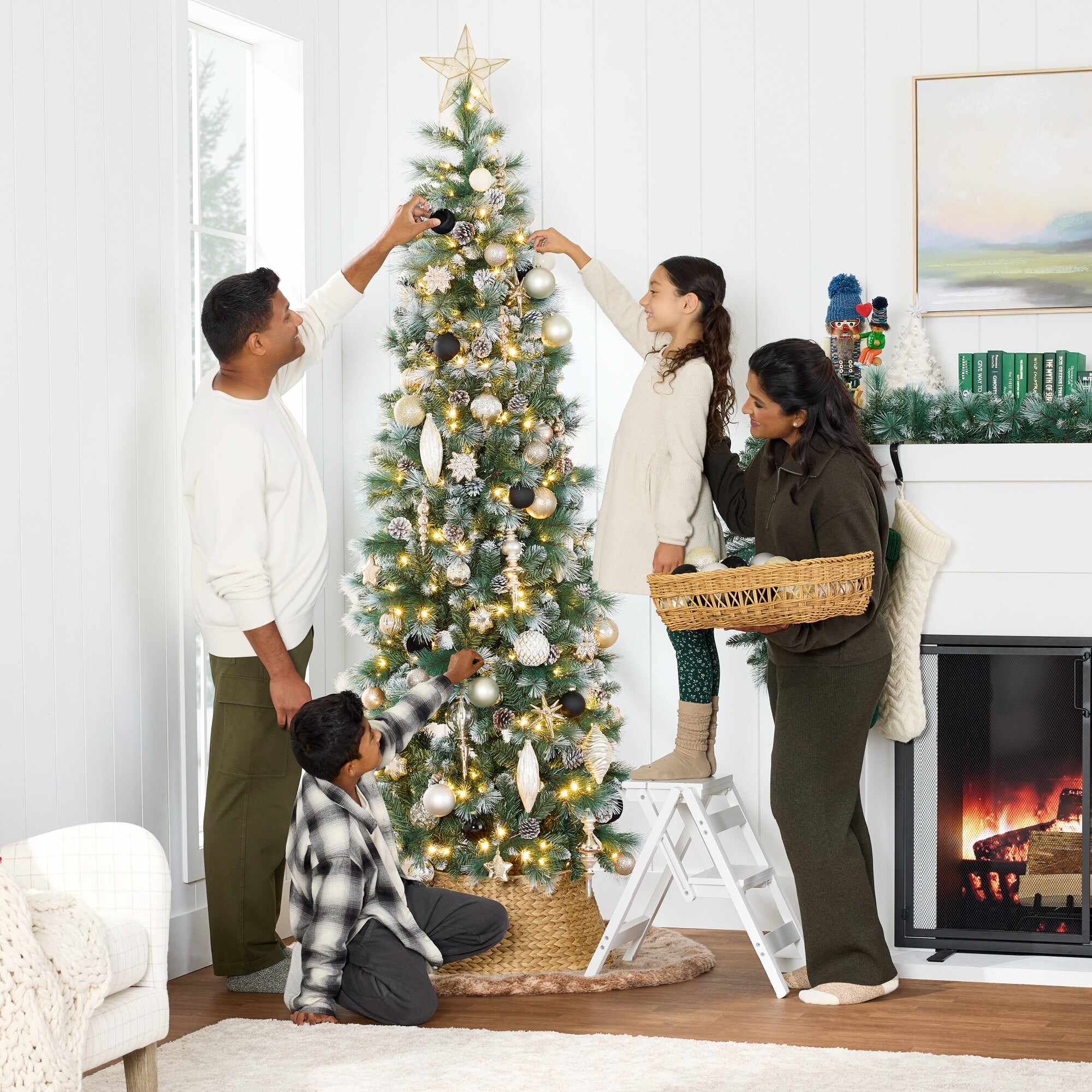 Pre-Lit Artificial Frosted Scotch Pine Pencil Christmas Tree w/ Metal Stand