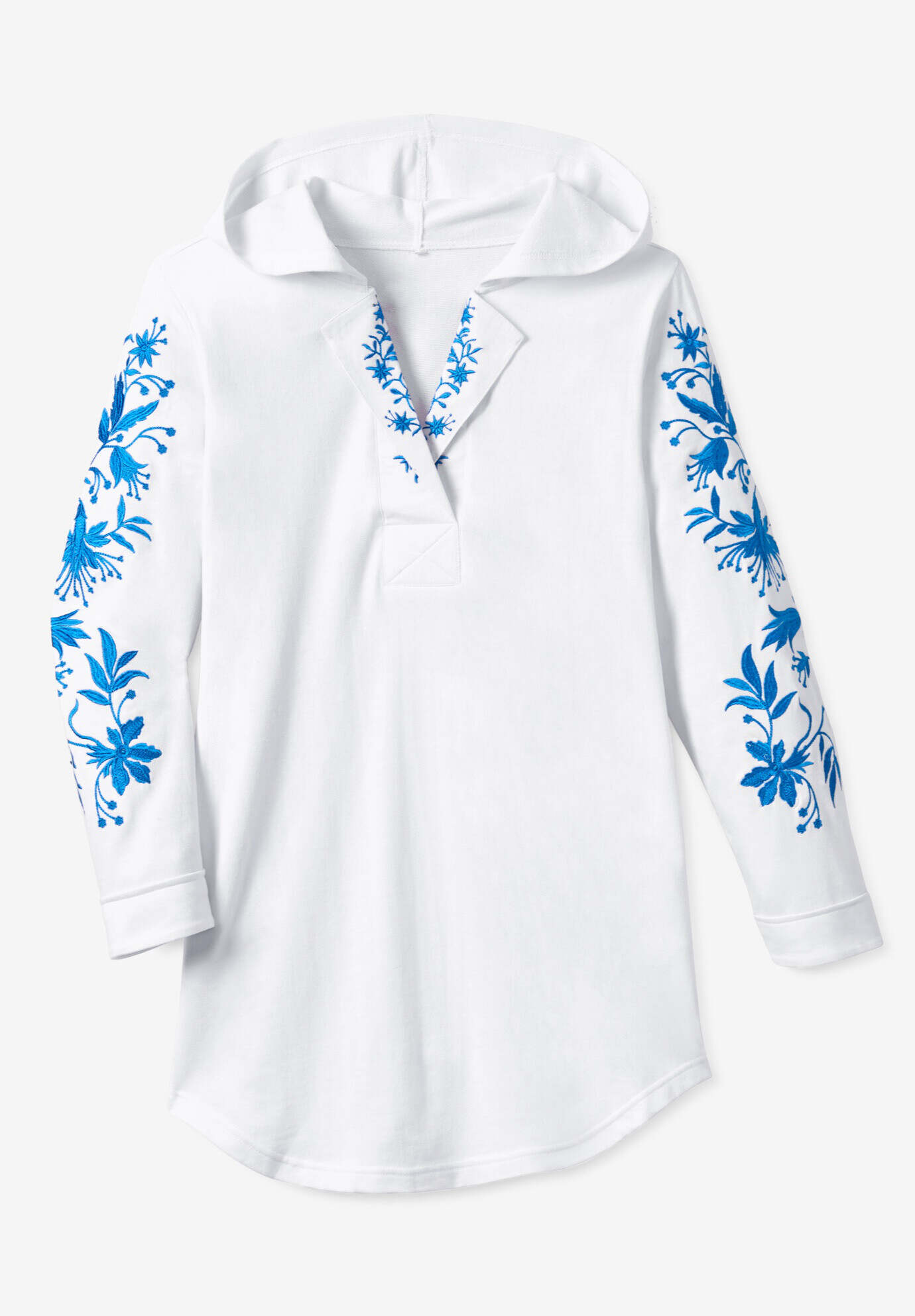 Embroidered Split-Neck Sweatshirt Tunic